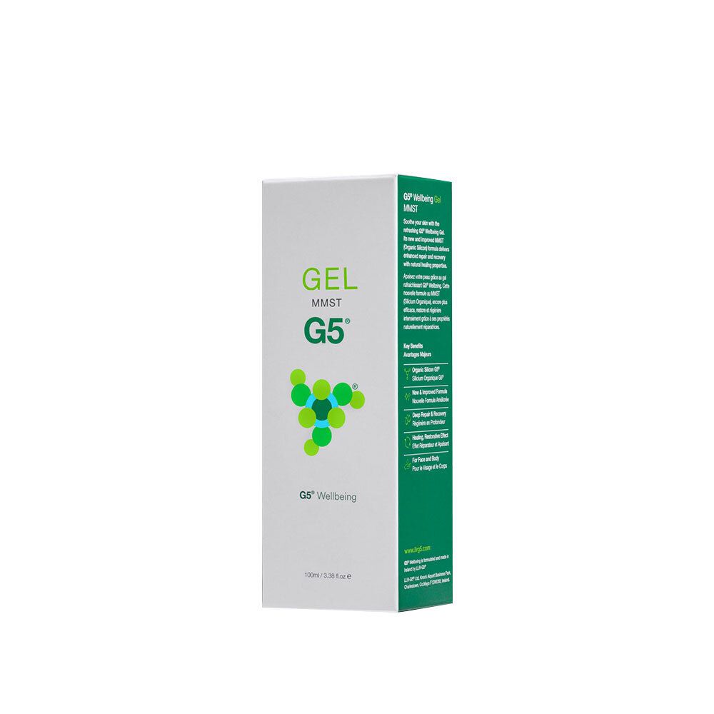 Witte verpakking met groen logo en tekst. Opschrift: GEL MMST G5 Wellbeing. Groene en witte kleurencombinatie.