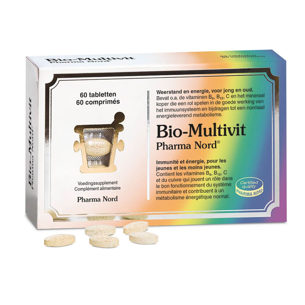 Boîte Bio-Multivit Pharma Nord avec comprimés. 60 comprimés. Avec certification. Bord multicolore.