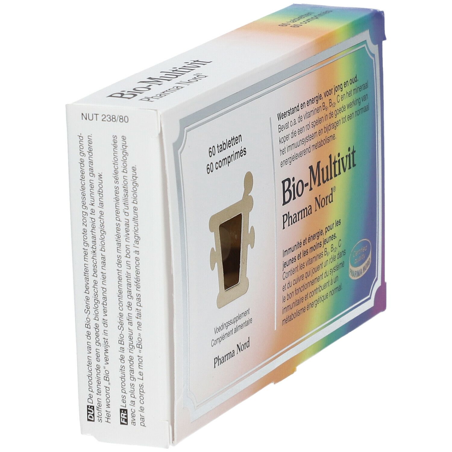 Boîte de Bio-Multivit Pharma Nord, en biais. Contient 60 comprimés. Bord multicolore.