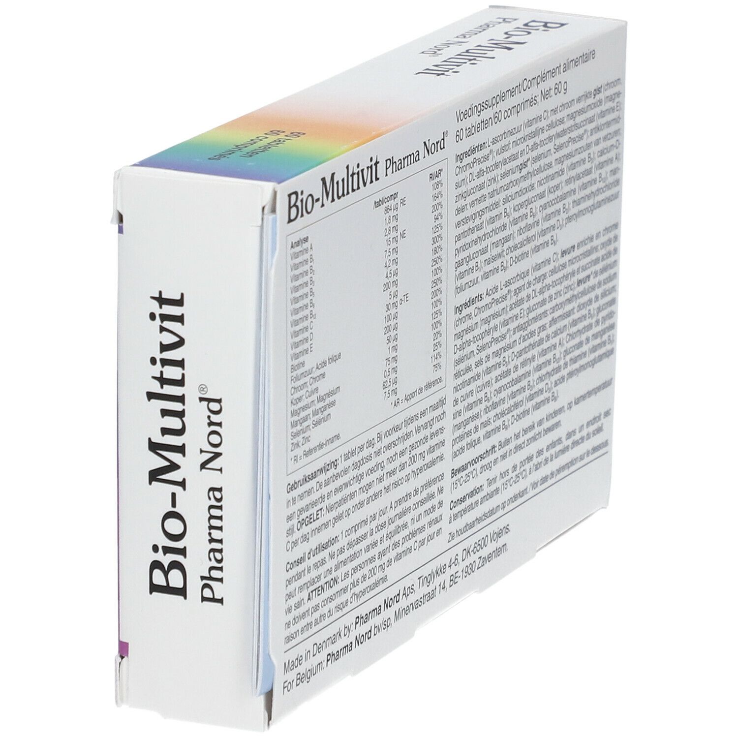 Dos de la boîte Bio-Multivit Pharma Nord en biais. Informations sur les ingrédients.