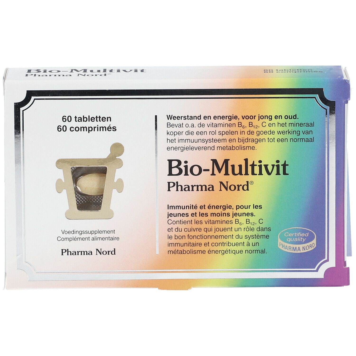 Boîte de Bio-Multivit Pharma Nord. Contient 60 comprimés. Avec certification. Bord multicolore.