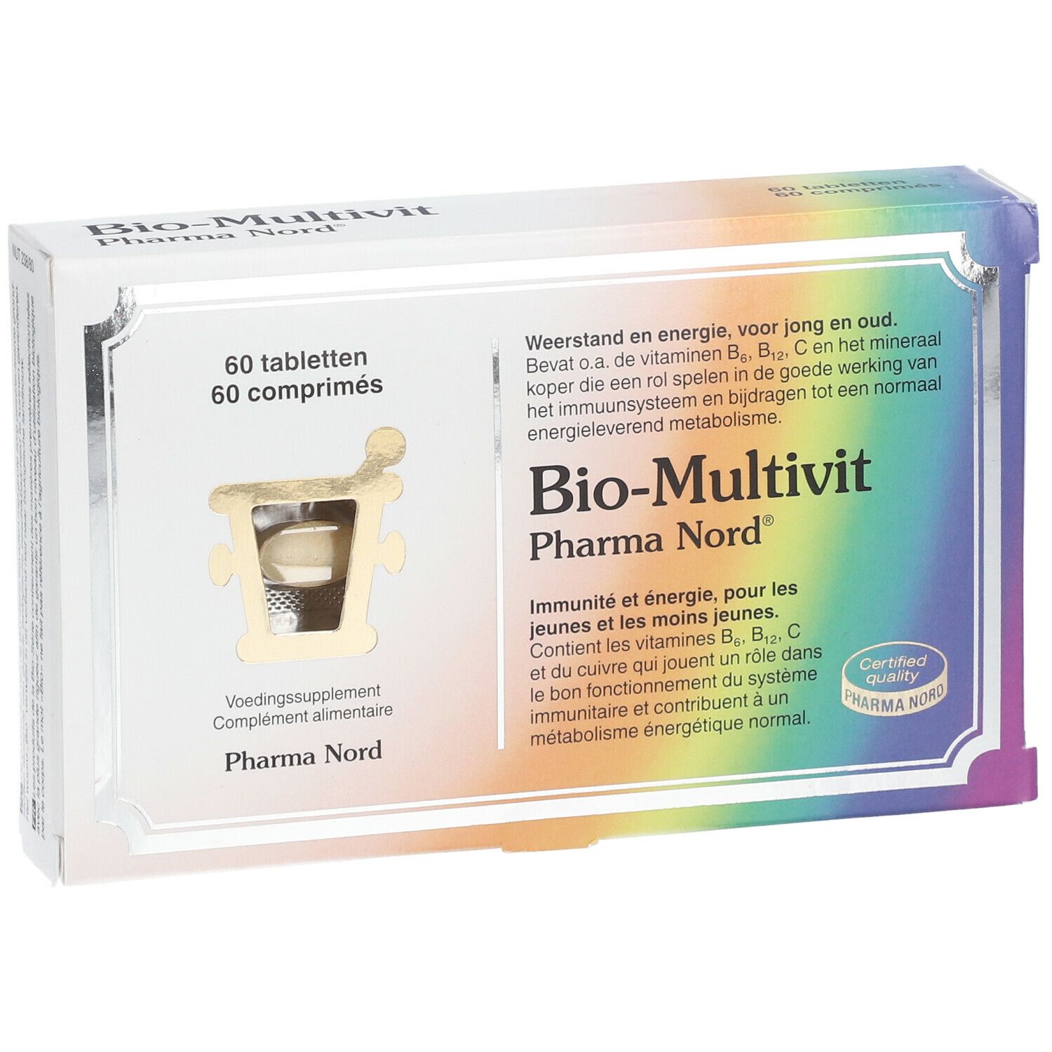 Boîte de Bio-Multivit Pharma Nord. Contient 60 comprimés. Avec certification. Bord multicolore.