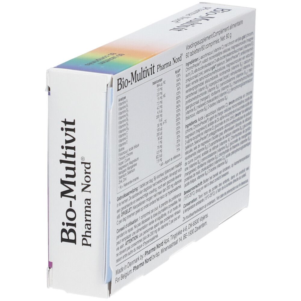 Dos de la boîte Bio-Multivit Pharma Nord. Informations sur les ingrédients et les valeurs nutritionnelles.