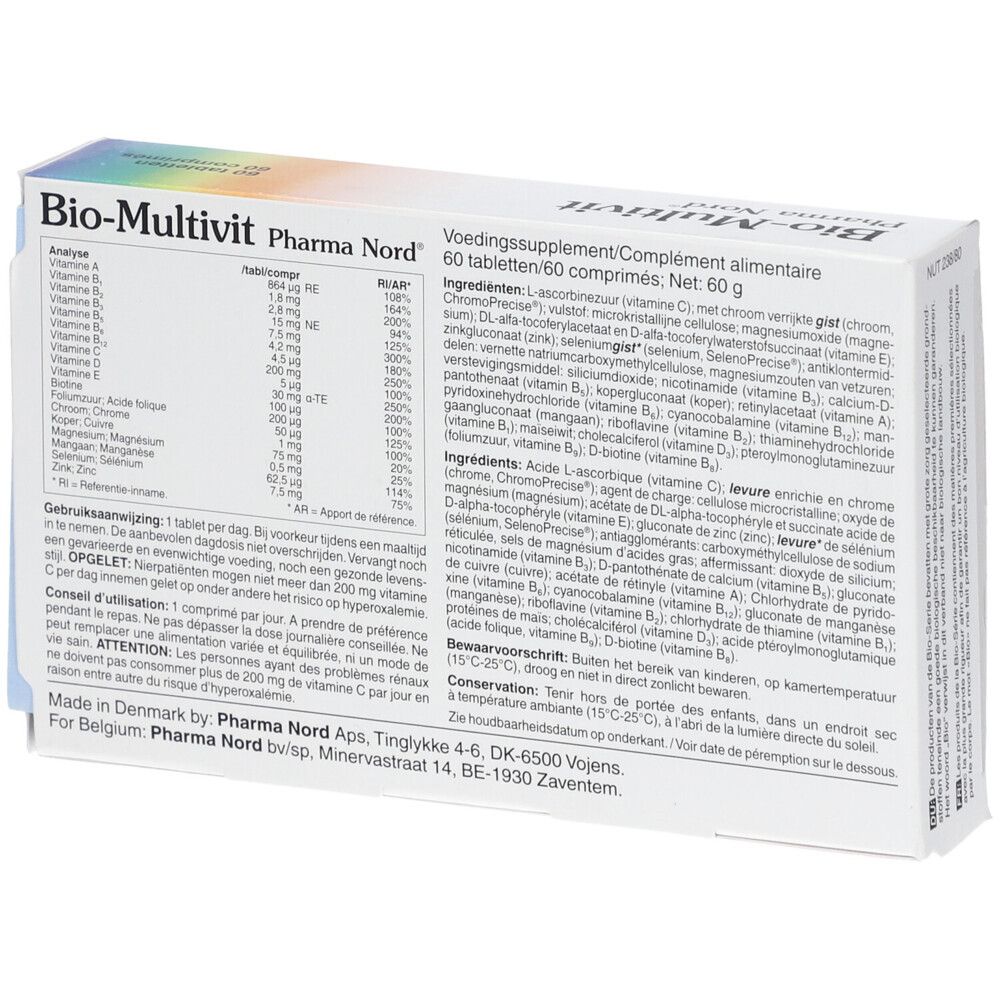 Dos de la boîte Bio-Multivit Pharma Nord. Informations sur les ingrédients et les valeurs nutritionnelles.