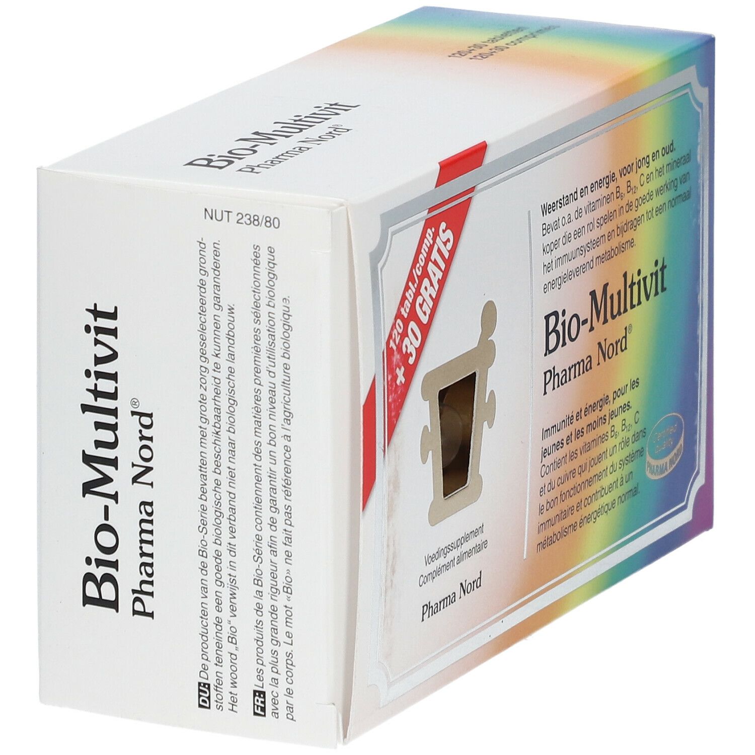 Boîte Bio-Multivit, marque Pharma Nord. 120 + 30 comprimés. Vue en coin.