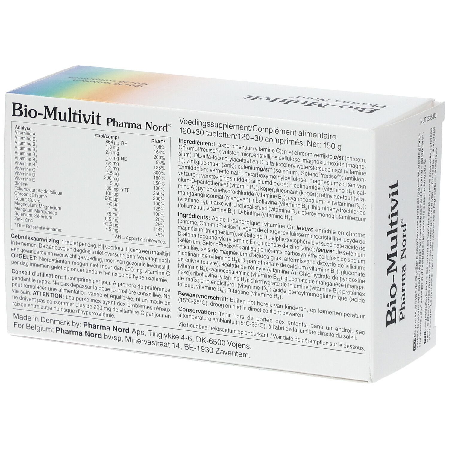 Boîte Bio-Multivit. Ingrédients et informations nutritionnelles. Marque Pharma Nord.