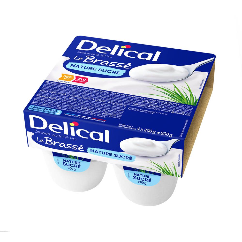 Emballage de quatre pots de Dessert lacté HP HC Le Brassé Nature sucré. Boîte bleue avec logo du produit.