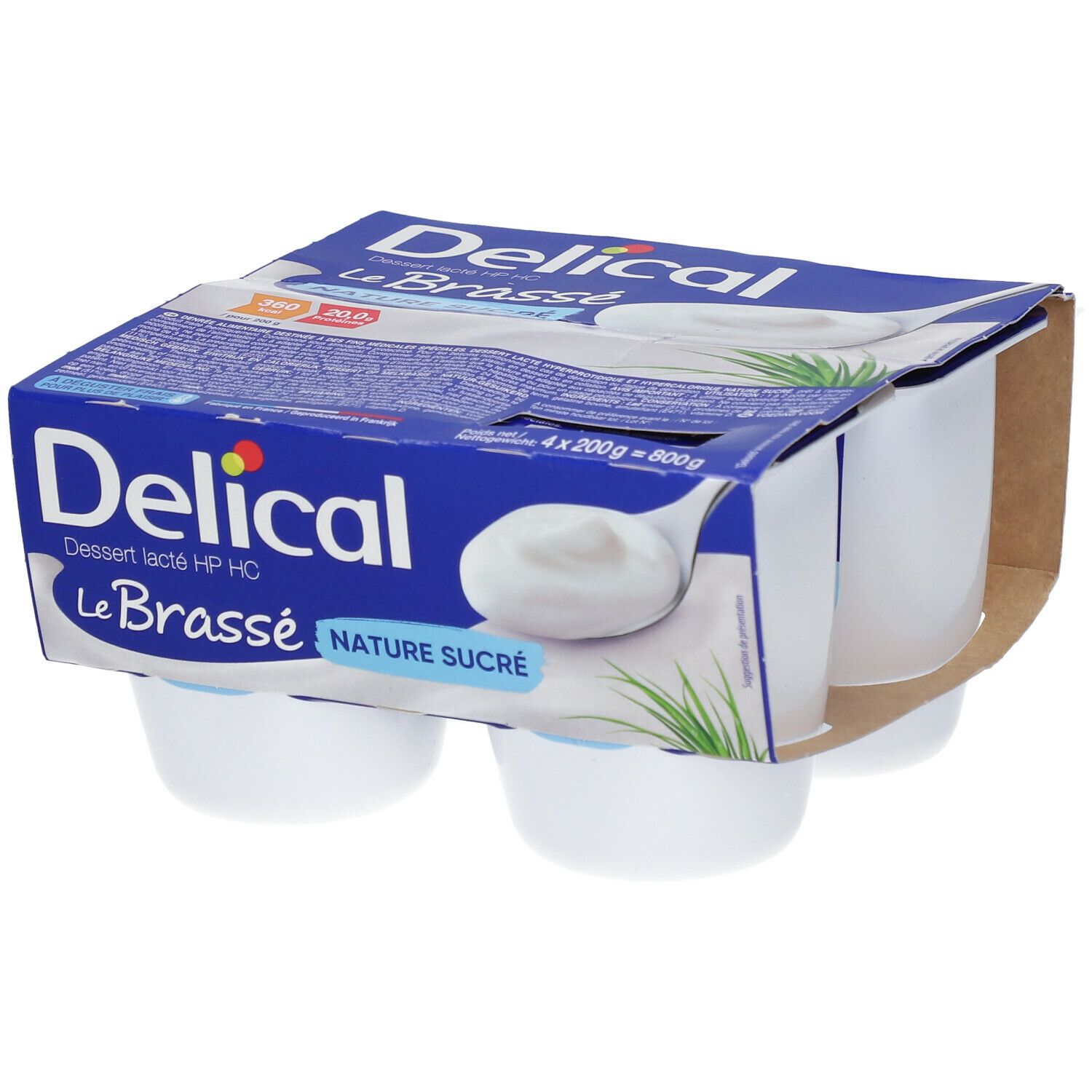 Emballage de quatre pots de Dessert lacté HP HC Le Brassé Nature sucré. Boîte bleue avec logo du produit.
