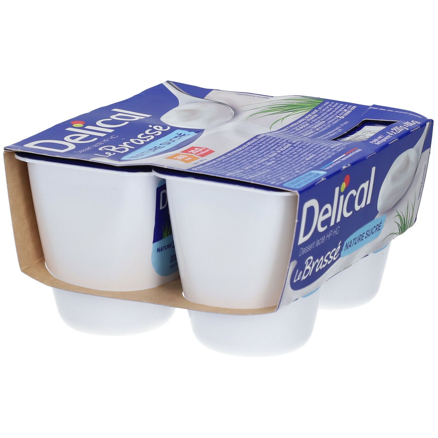 Emballage de quatre pots de Dessert lacté HP HC Le Brassé Nature sucré. Boîte bleue avec logo du produit.