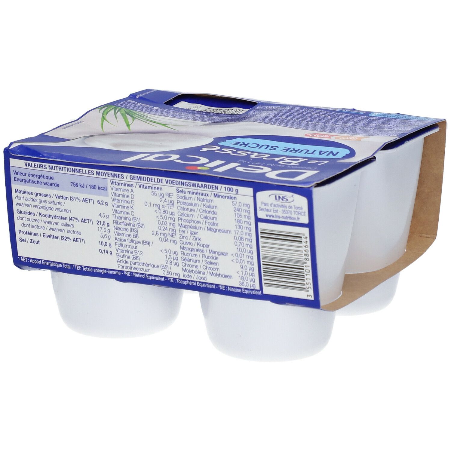 Dos de l'emballage avec informations nutritionnelles. Boîte bleue avec logo et texte du produit.