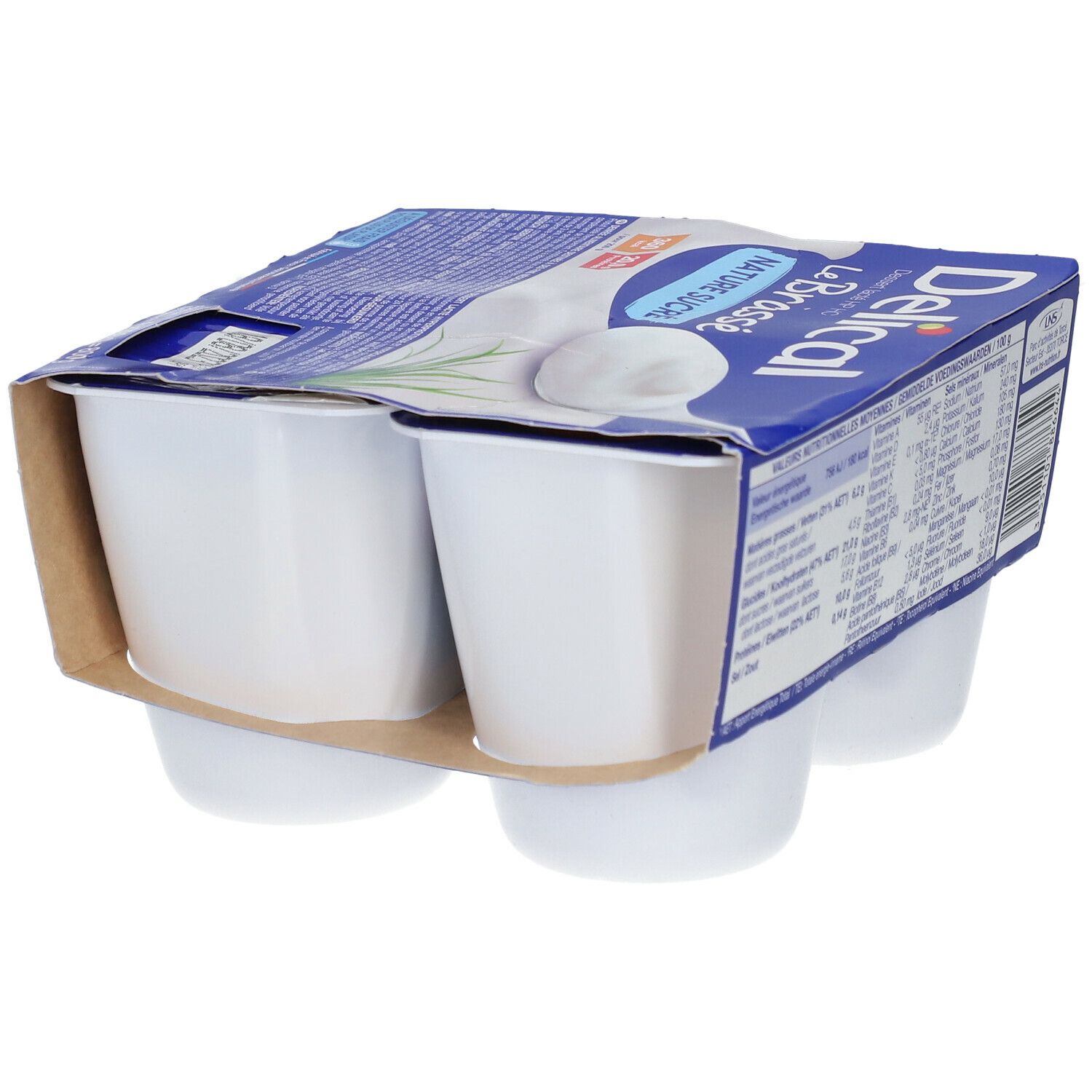 Emballage de quatre pots de Dessert lacté HP HC Le Brassé Nature sucré. Boîte bleue avec logo du produit.