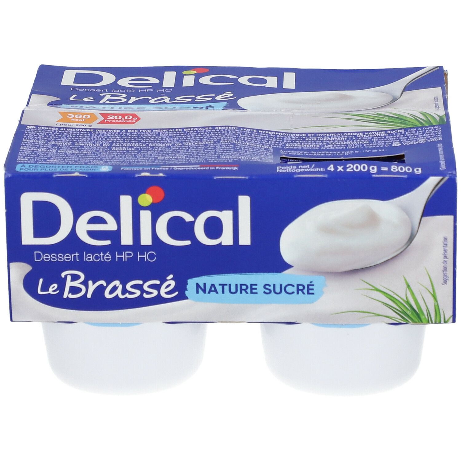 Emballage de quatre pots de Dessert lacté HP HC Le Brassé Nature sucré. Boîte bleue avec logo du produit.