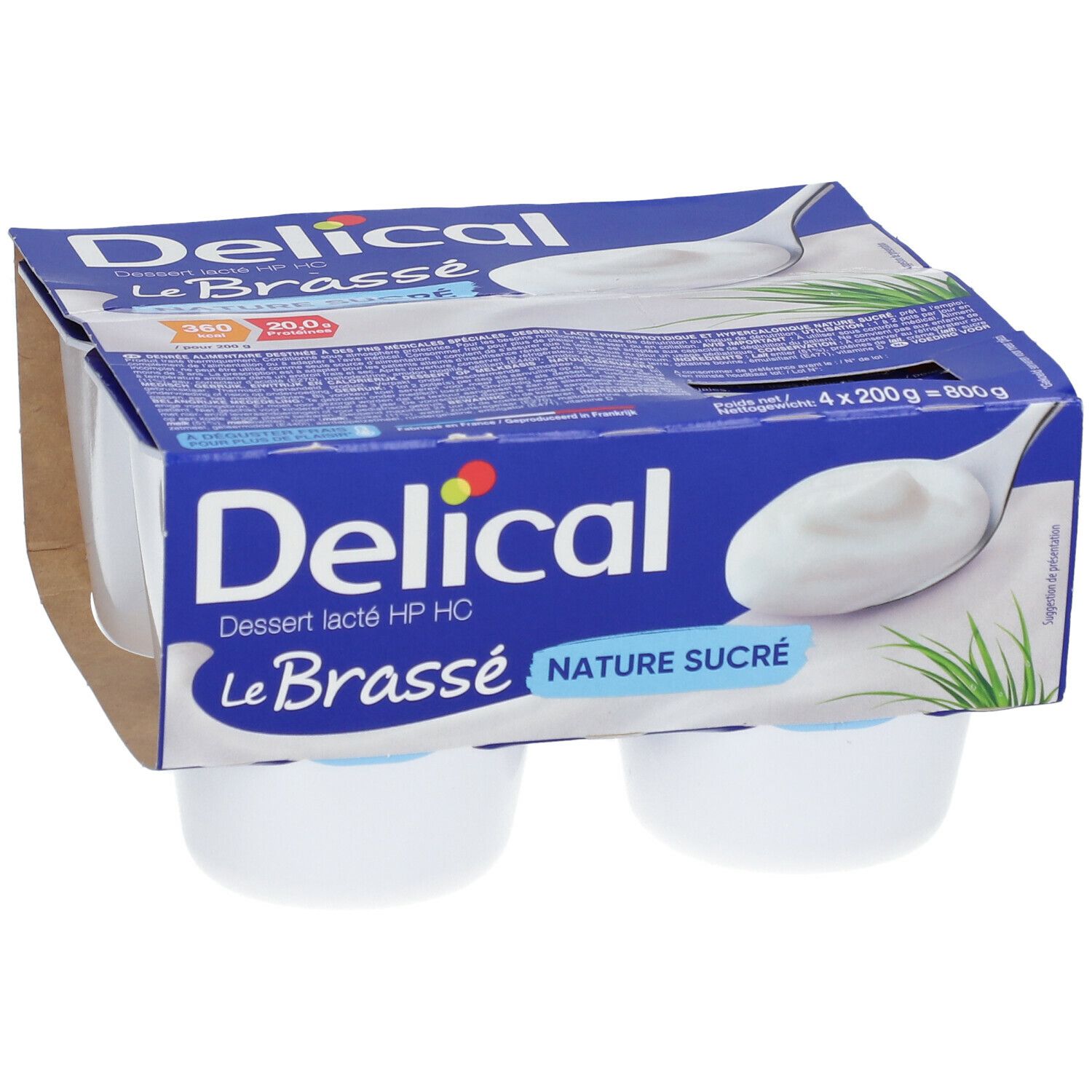 Emballage de quatre pots de Dessert lacté HP HC Le Brassé Nature sucré. Boîte bleue avec logo du produit.