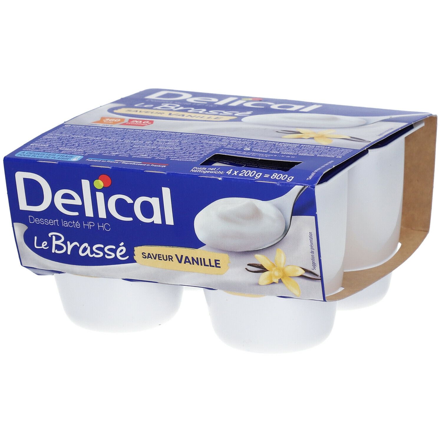Verpakking met vier bekers Delical Le Brassé Vanille. Blauwe verpakking, witte bekers.