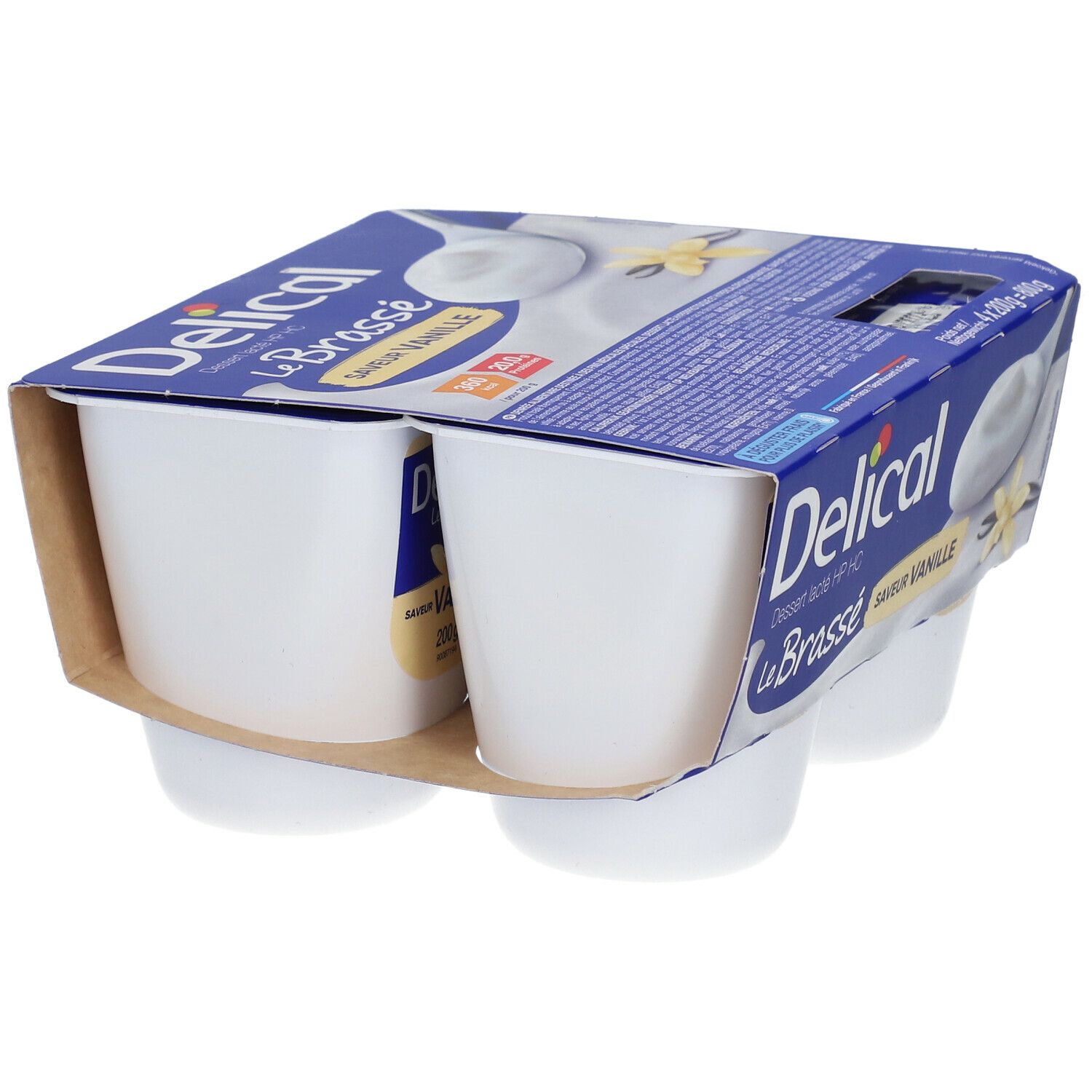 Verpakking met vier bekers Delical Le Brassé Vanille. Blauwe verpakking, witte bekers.
