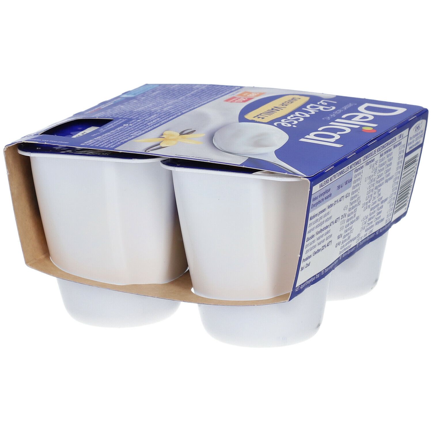 Verpakking met vier bekers Delical Le Brassé Vanille. Blauwe verpakking, witte bekers.
