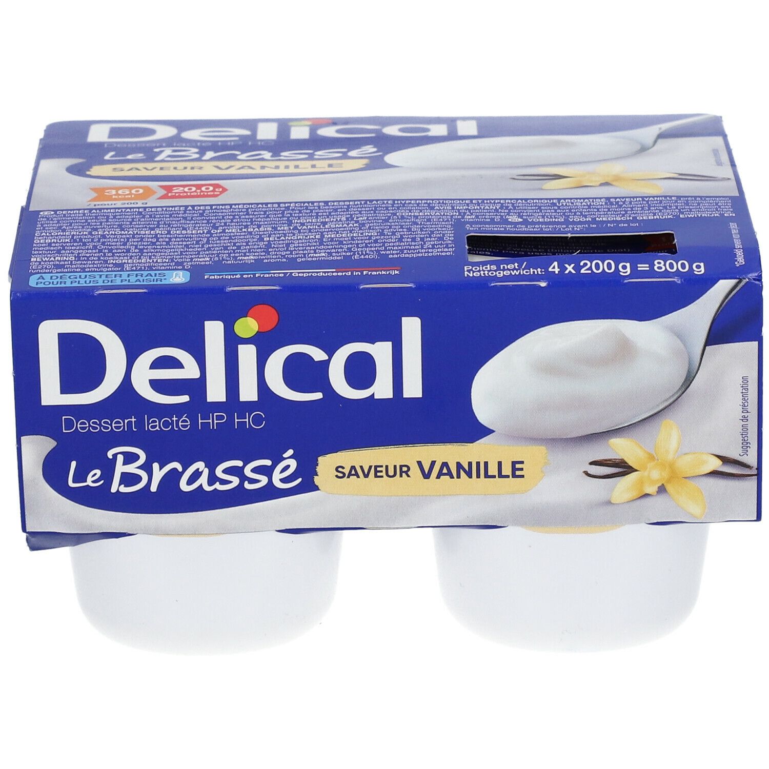 Verpakking met vier bekers Delical Le Brassé Vanille. Blauwe verpakking, witte bekers.