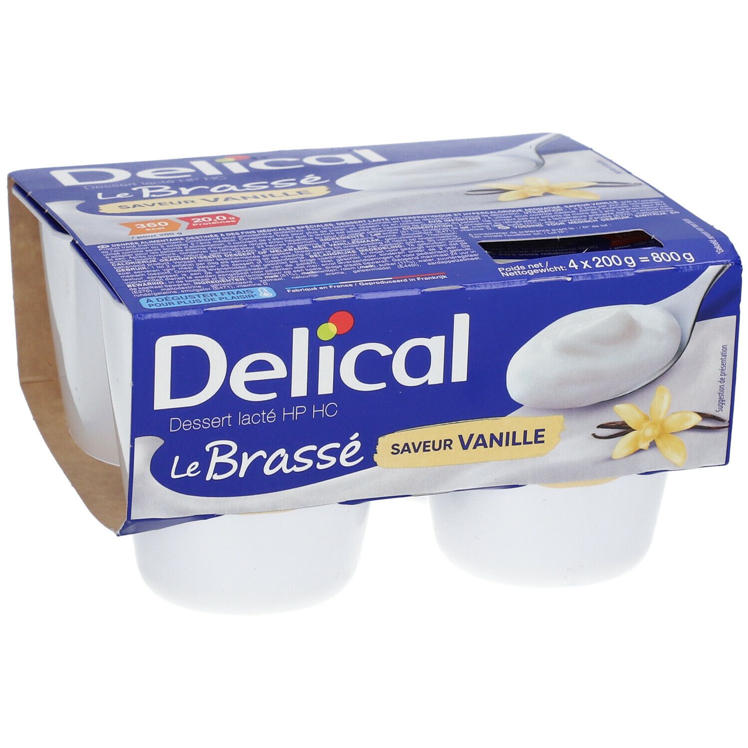 Verpakking met vier bekers Delical Le Brassé Vanille. Blauwe verpakking, witte bekers.