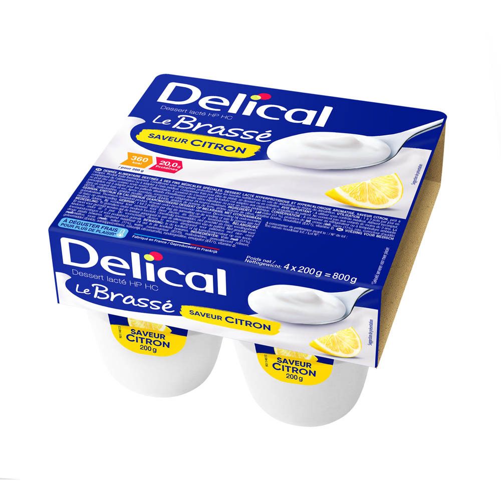Emballage de 4 pots Delical Le Brassé Saveur Citron. Emballage bleu avec nom du produit et illustration de citron.