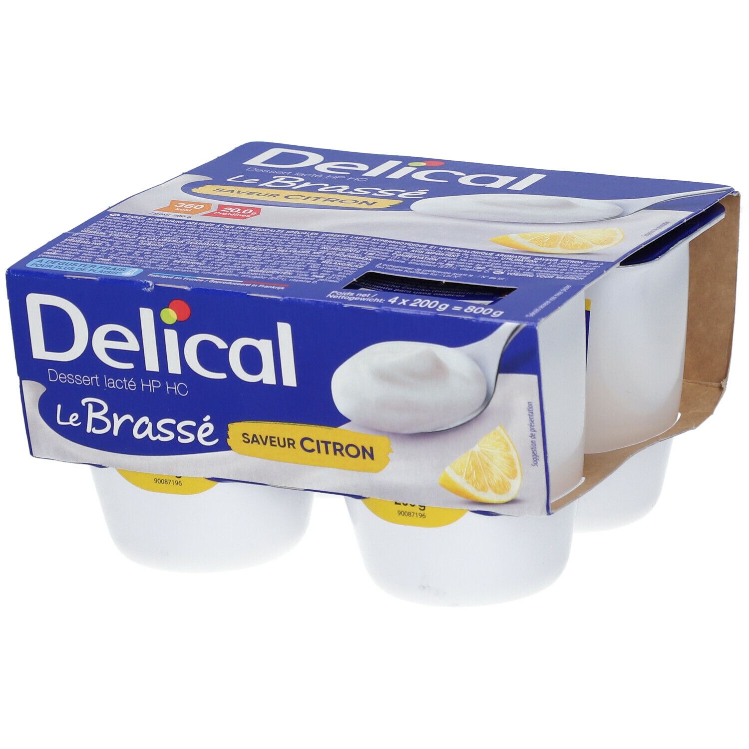 Emballage de 4 pots Delical Le Brassé Saveur Citron. Emballage bleu avec nom du produit et illustration de citron.