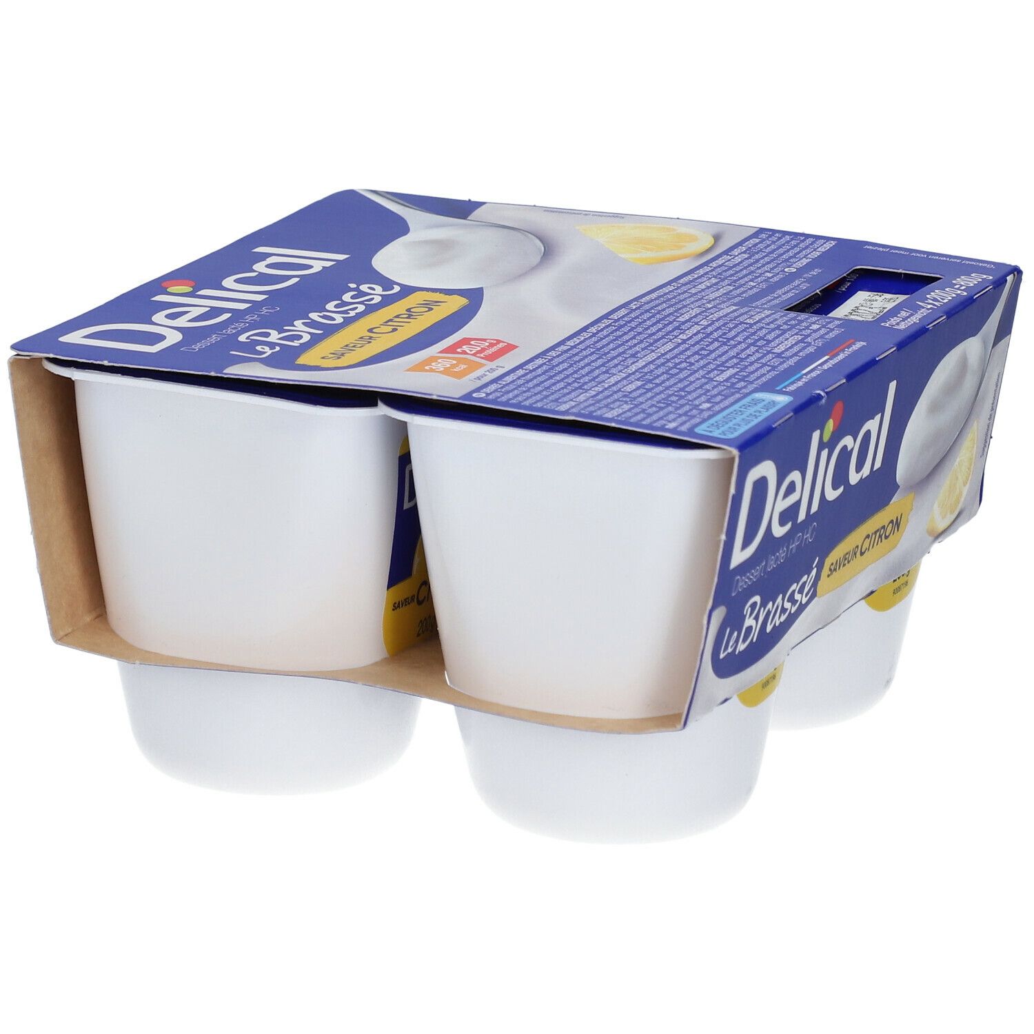 Emballage de 4 pots Delical Le Brassé Saveur Citron. Vue de côté, emballage bleu.