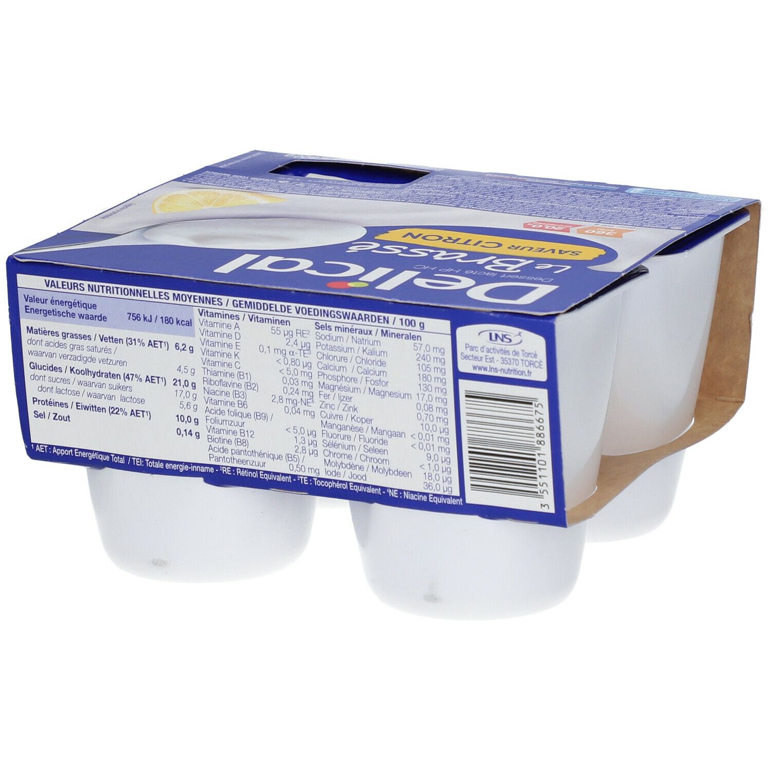 Emballage de 4 pots Delical Le Brassé Saveur Citron. Dos avec informations nutritionnelles.