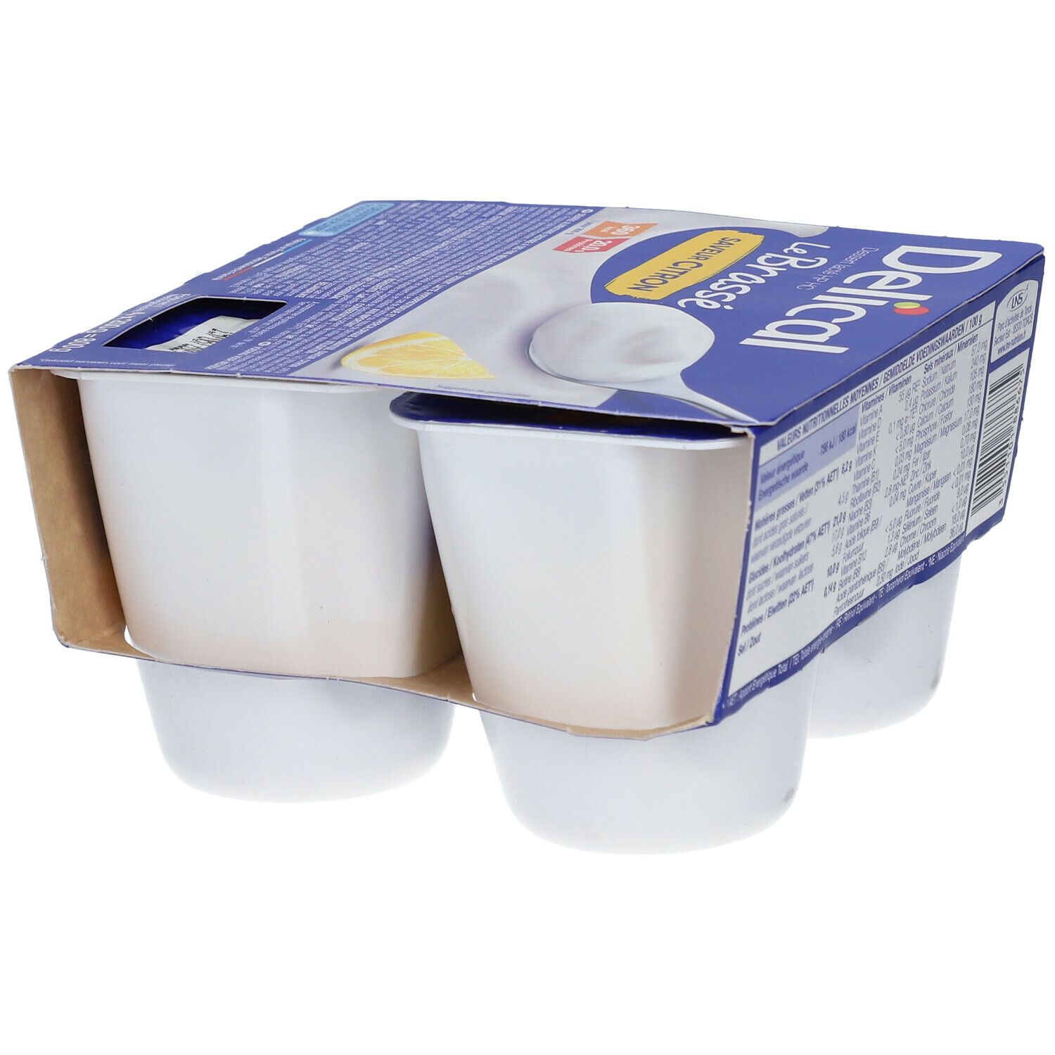 Emballage de 4 pots Delical Le Brassé Saveur Citron. Vue de côté, avec informations nutritionnelles.