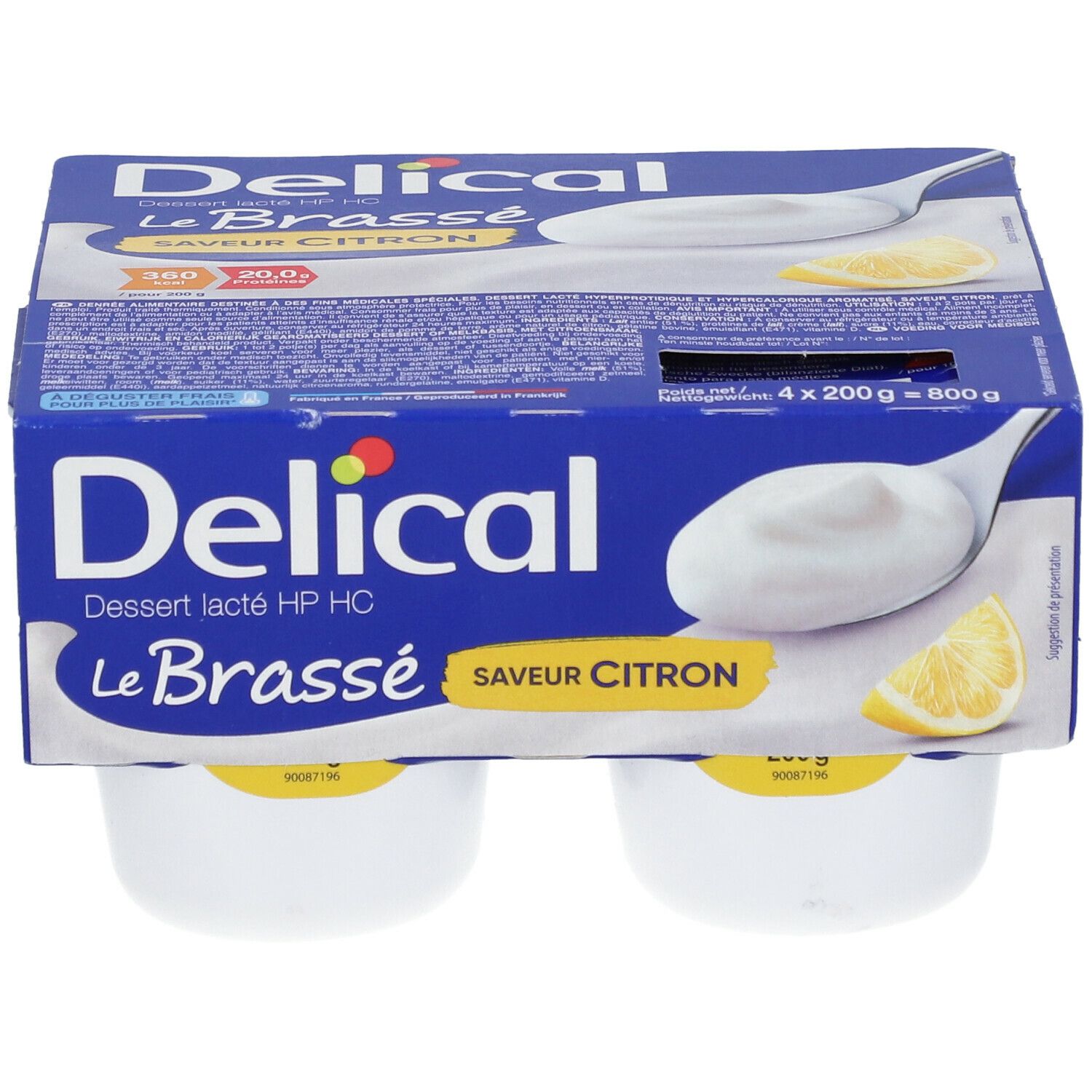 Emballage de 4 pots Delical Le Brassé Saveur Citron. Emballage bleu avec nom du produit et illustration de citron.