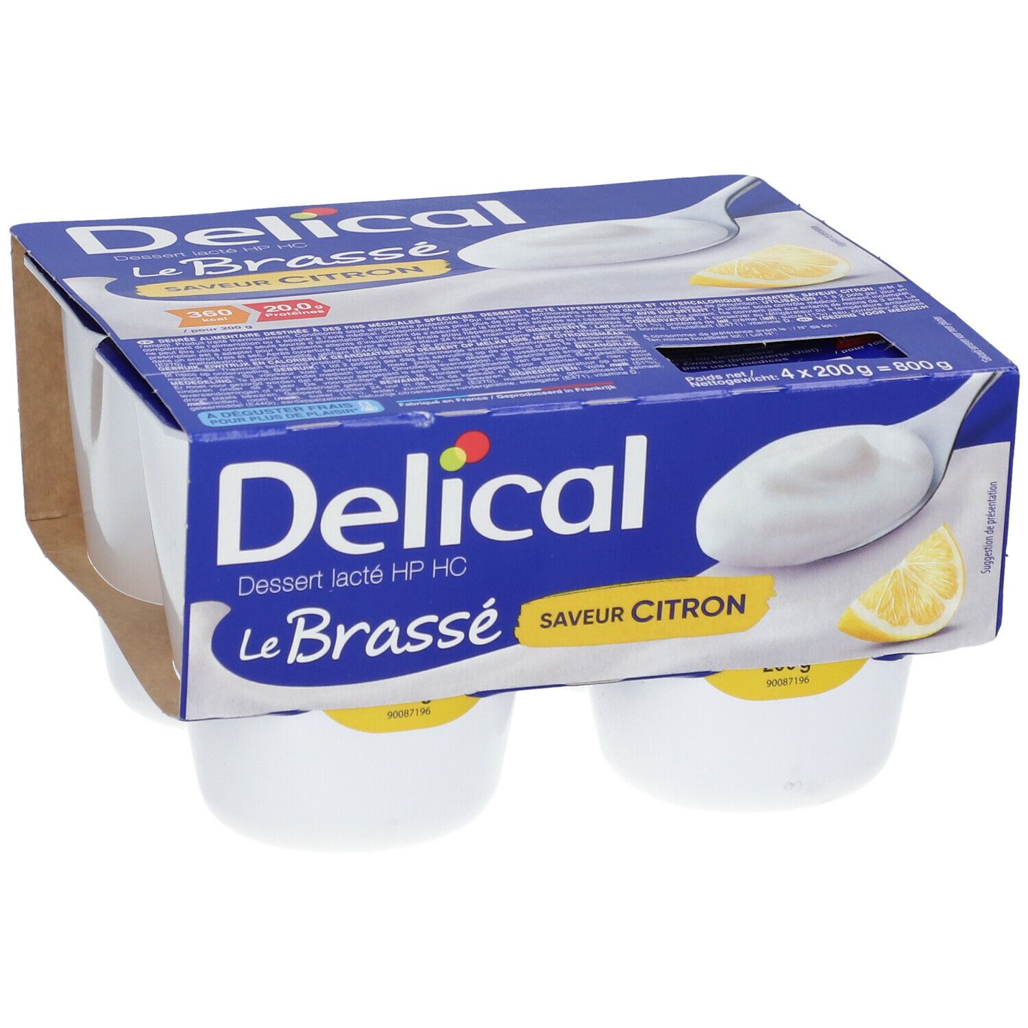 Emballage de 4 pots Delical Le Brassé Saveur Citron. Emballage bleu avec nom du produit et illustration de citron.