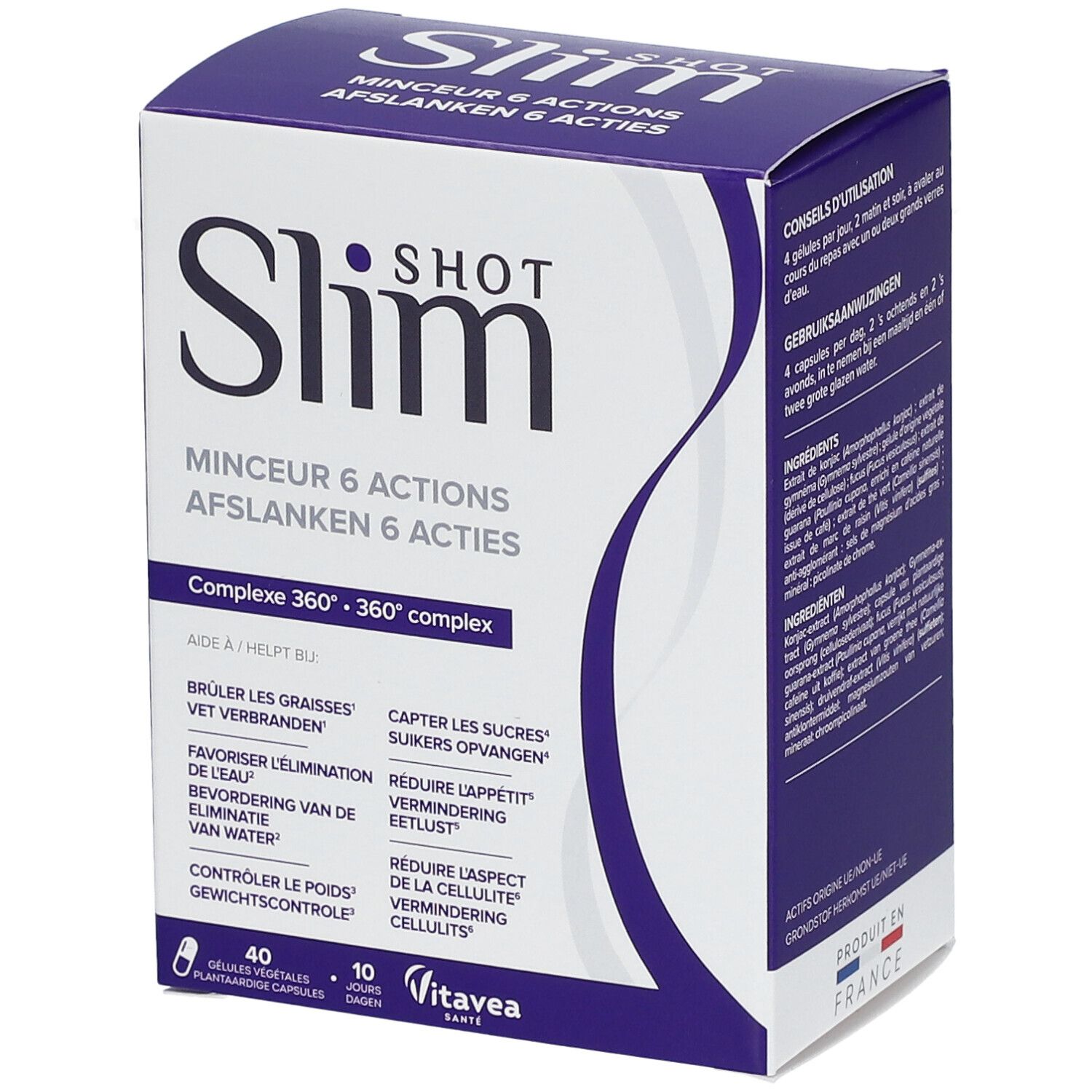 Verpakking Slimshot. 40 capsules, 10 dagen. 6 acties. Vitae Santé.