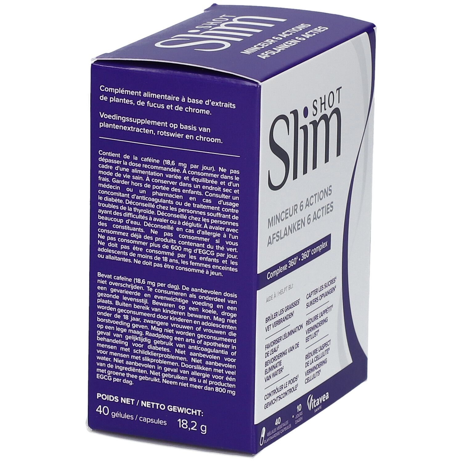 Slimshot verpakking. 40 capsules. 18,2 g. Ingrediënten en gebruiksaanwijzing.