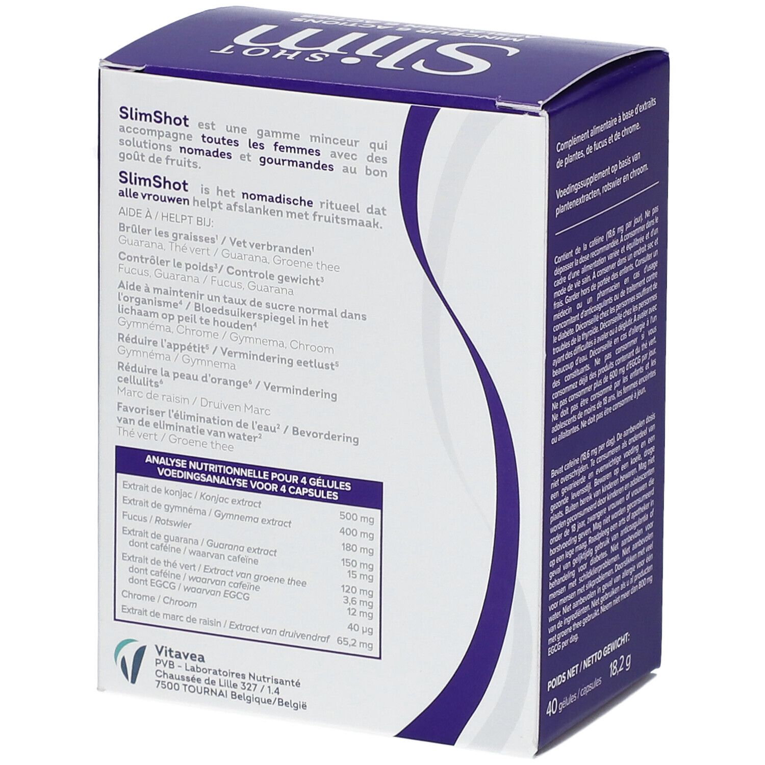 Slimshot verpakking. Ingrediënten en analyse. Vitae Santé.
