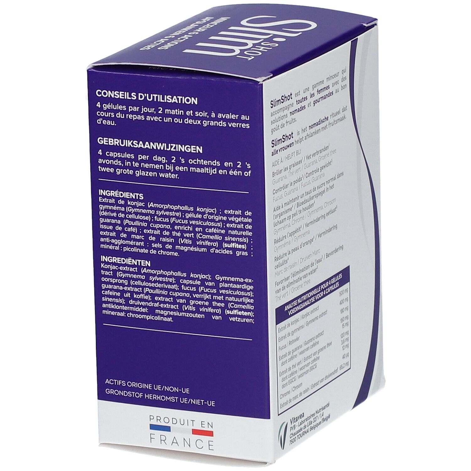 Slimshot verpakking. Gebruiksaanwijzing en ingrediënten. Geproduceerd in Frankrijk.