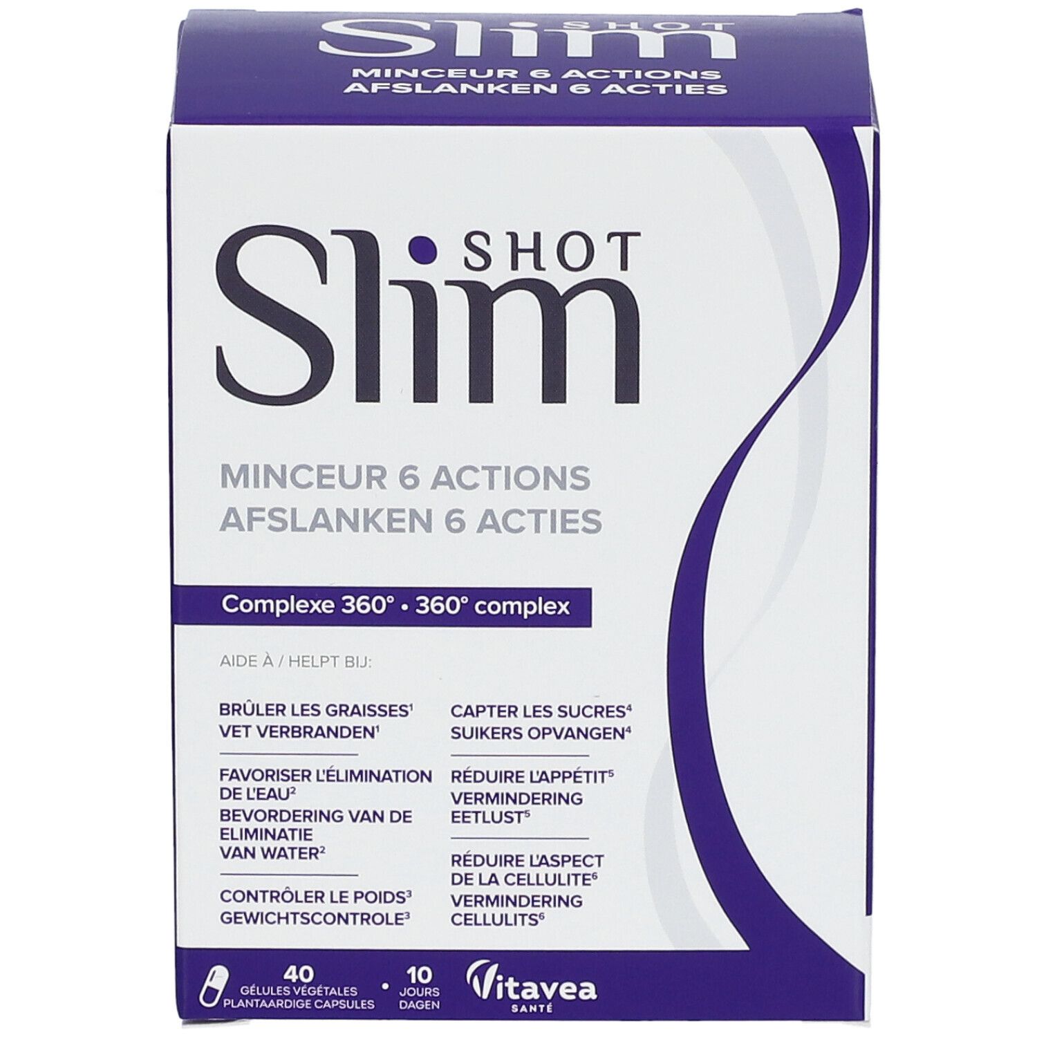 Slimshot verpakking. 40 capsules, 10 dagen. 6 acties. Vitae Santé.