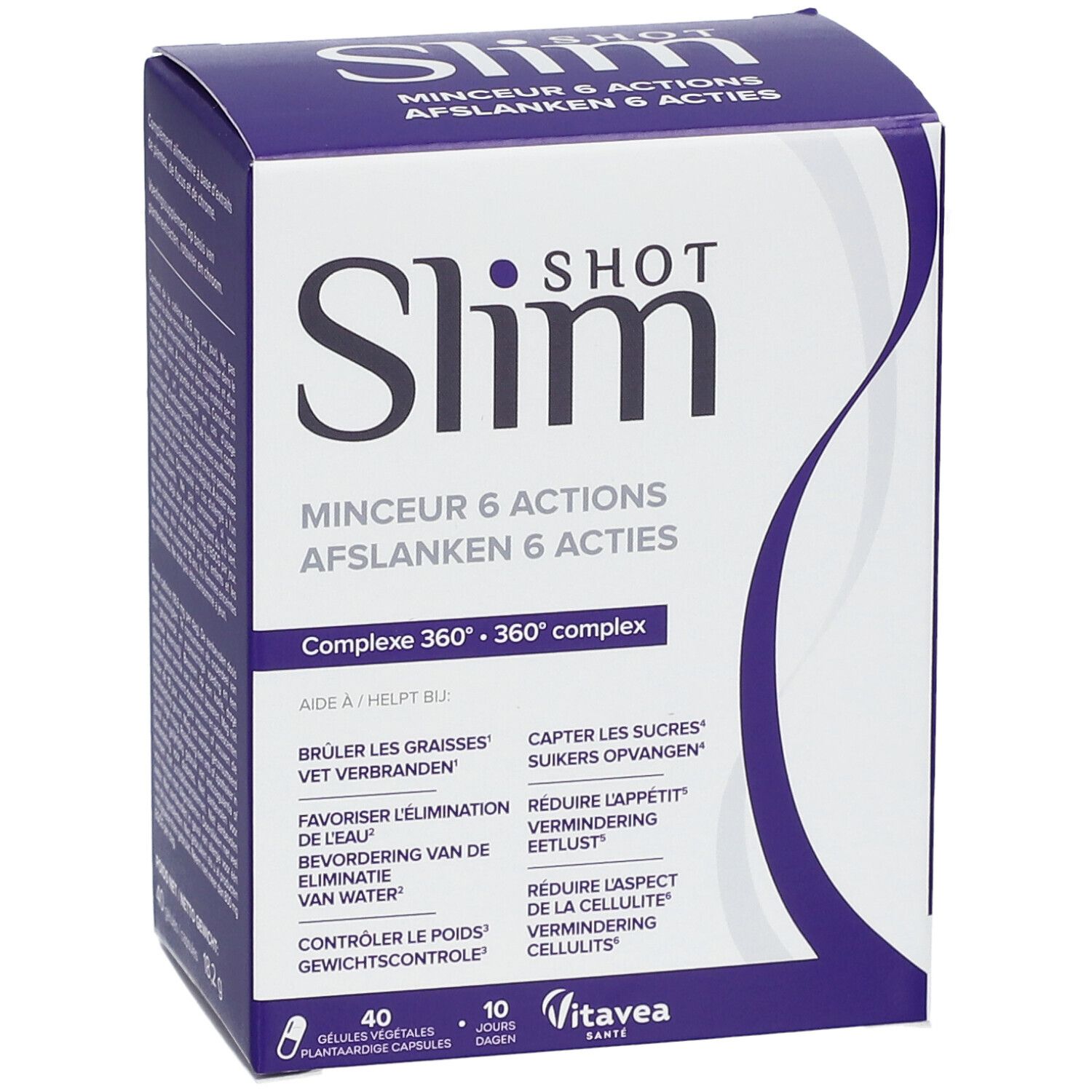 Slimshot verpakking. 40 capsules, 10 dagen. 6 acties. Vitae Santé.