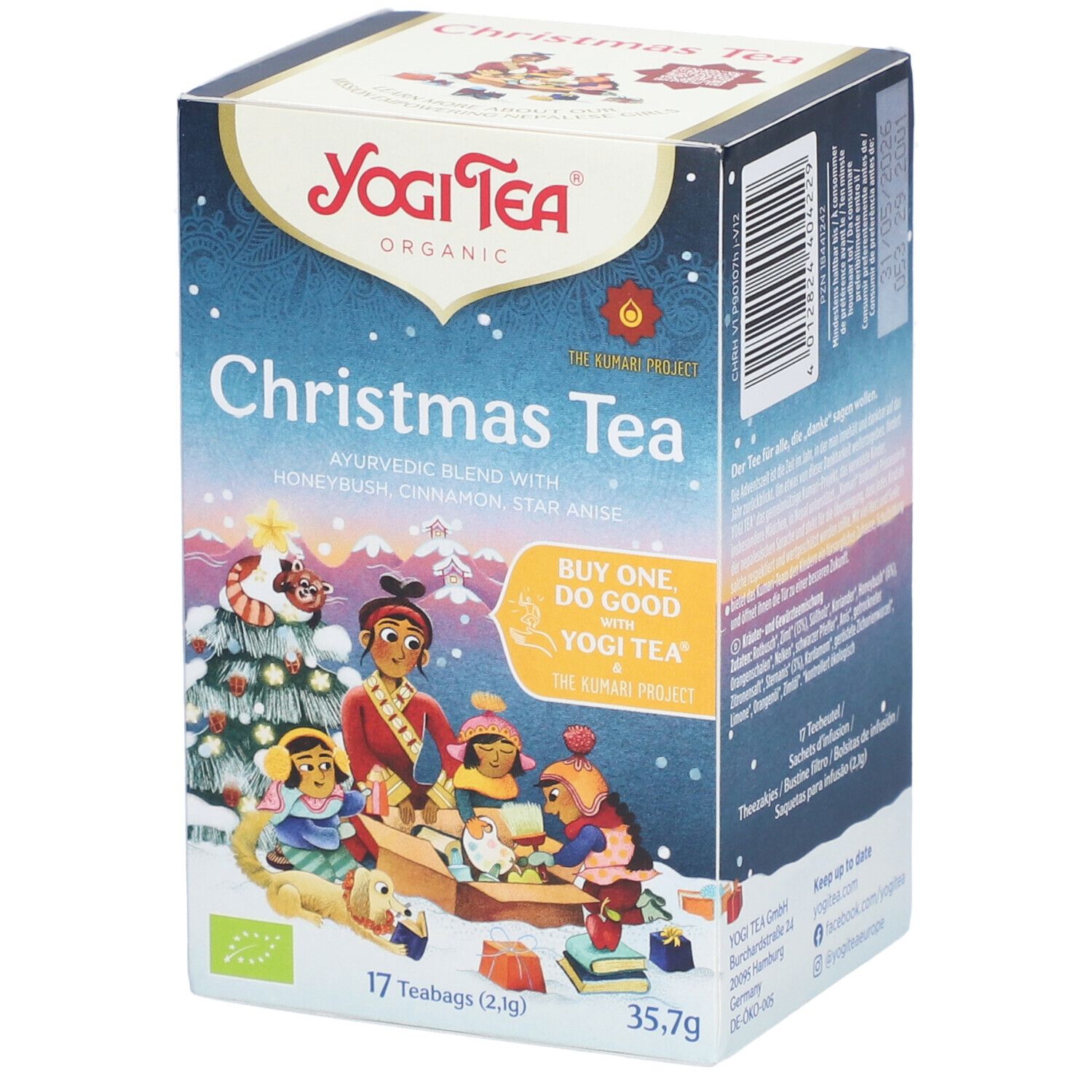 Boîte de Yogi Tea® Christmas Tea. Face avant avec illustration, nom du produit, logo et informations. 17 sachets.