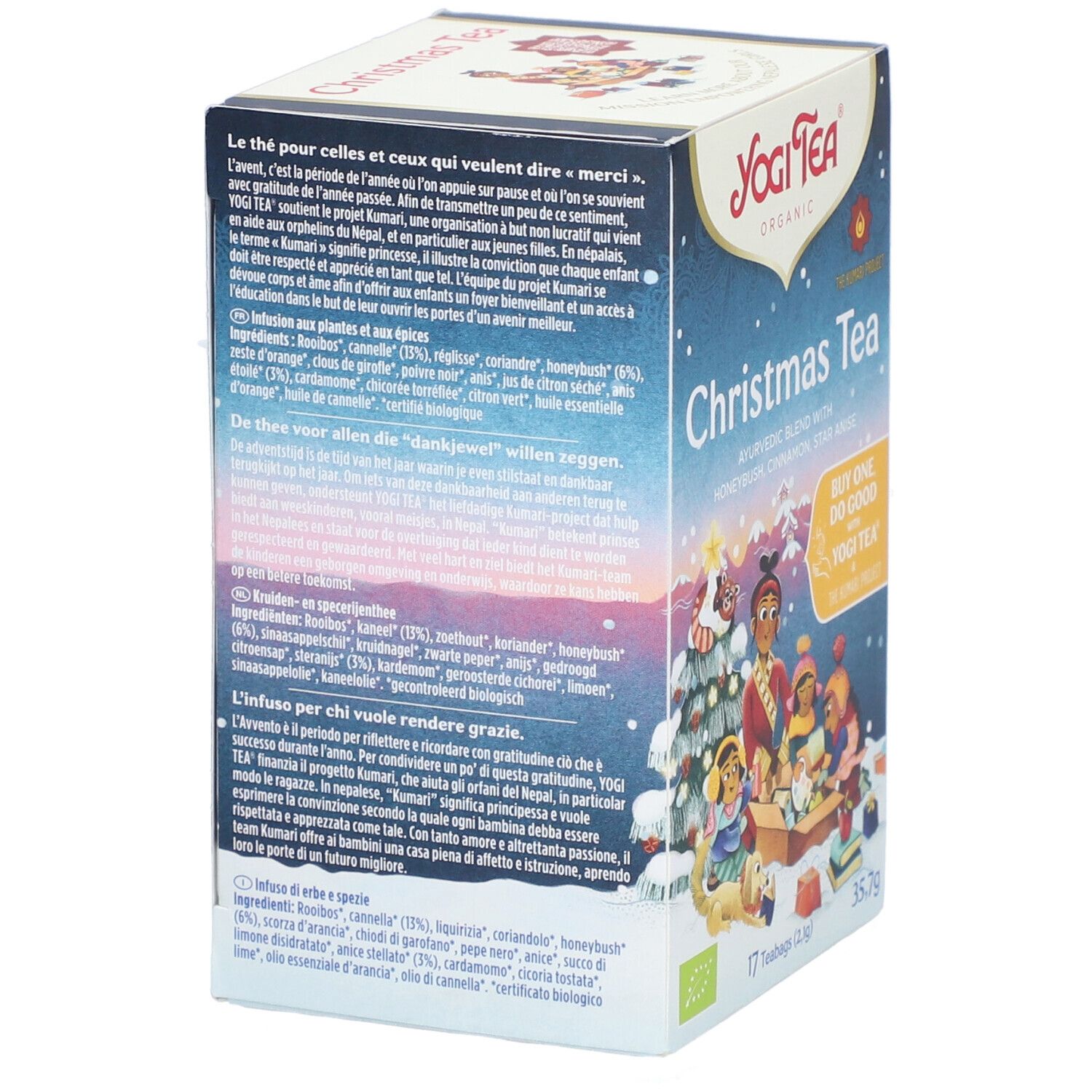Dos de la boîte de Yogi Tea® Christmas Tea. Texte multilingue, liste des ingrédients et logo.