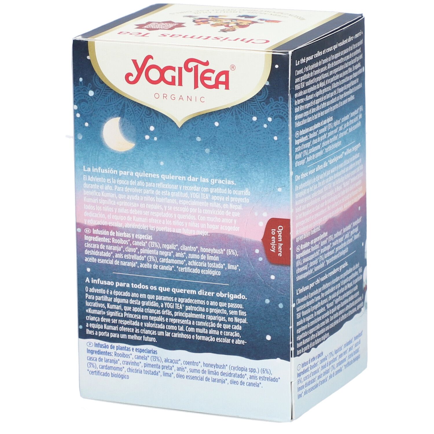 Vue latérale de la boîte de Yogi Tea® Christmas Tea. Texte, motif lune et étoiles, liste des ingrédients.