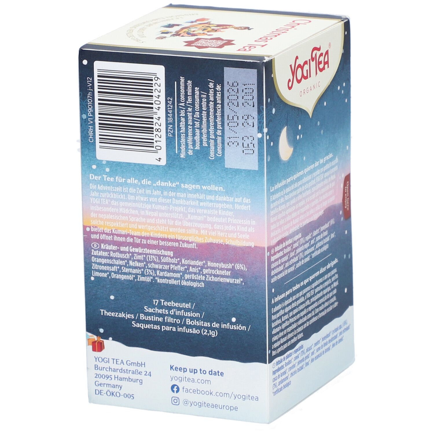 Vue latérale de la boîte de Yogi Tea® Christmas Tea. Texte, date de péremption, informations fabricant.