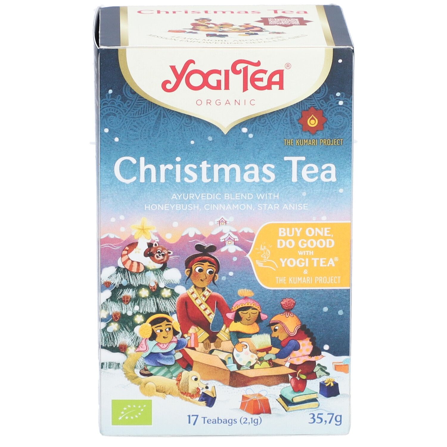 Boîte de Yogi Tea® Christmas Tea. Face avant avec illustration, nom du produit, logo et informations. 17 sachets.