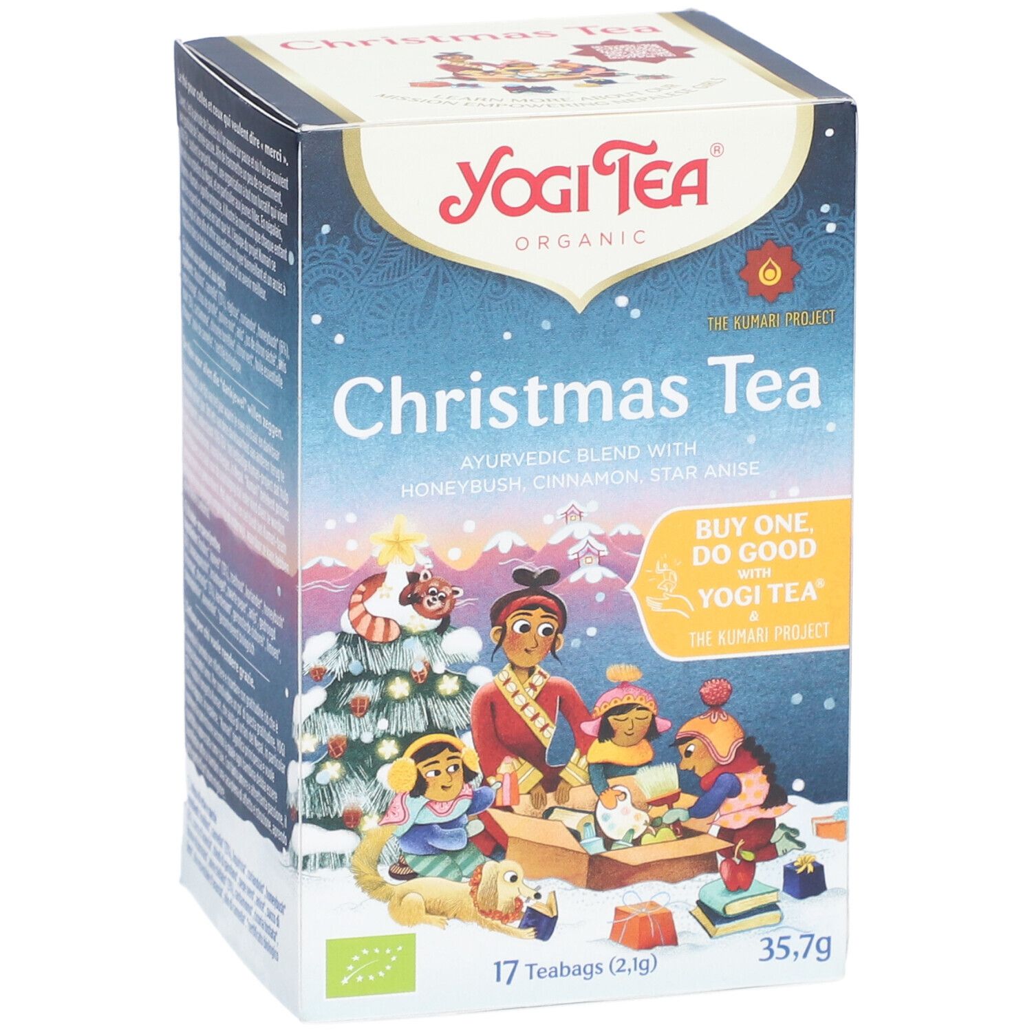 Boîte de Yogi Tea® Christmas Tea. Face avant avec illustration, nom du produit, logo et informations. 17 sachets.