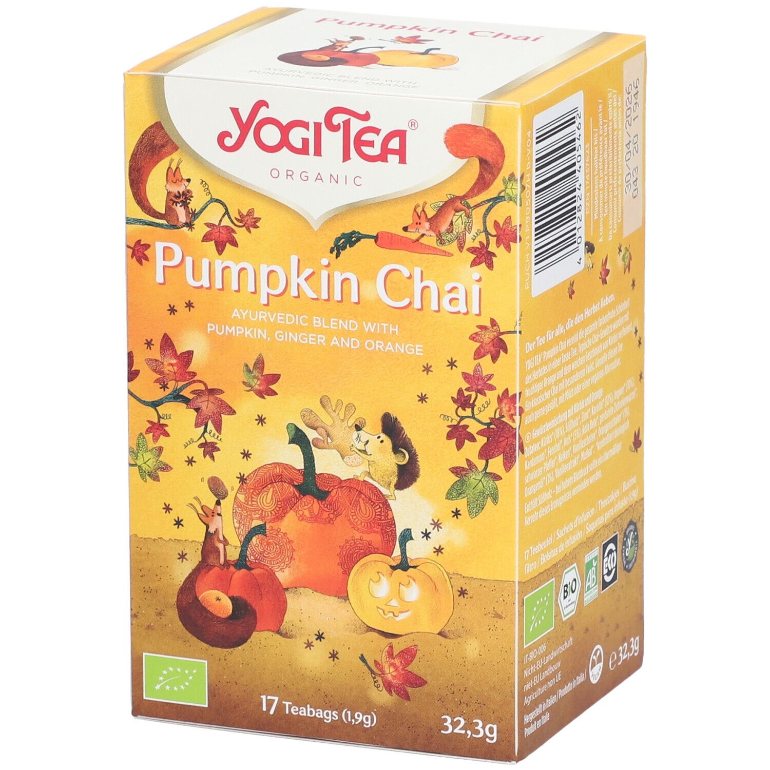 Gelbe Teebox mit Aufdruck. Enthält 17 Teebeutel. Aufschrift: Yogi Tea, Pumpkin Chai, Bio-Siegel.