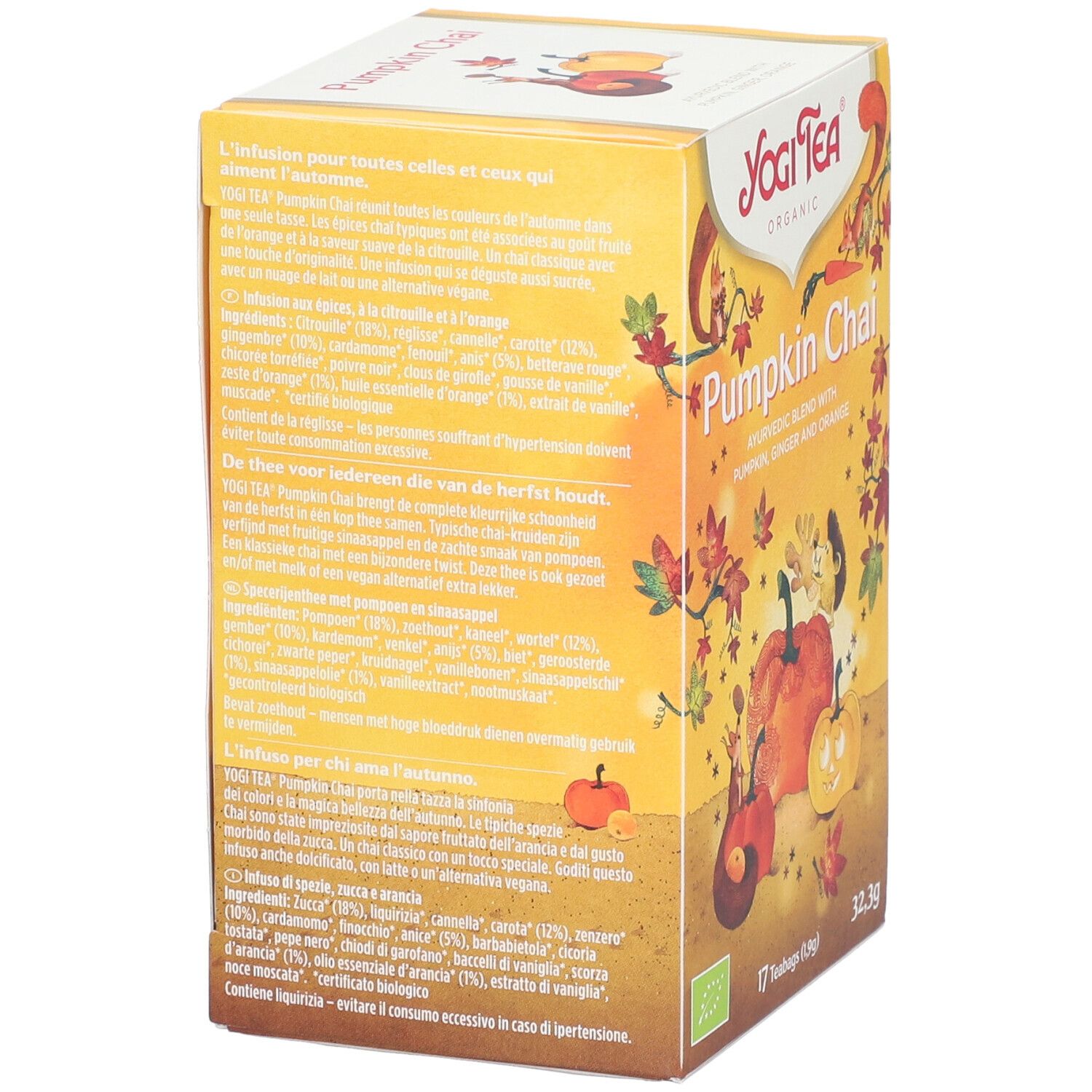 Gelbe Teebox, Rückseite mit Text. Enthält 17 Teebeutel. Aufschrift: Yogi Tea, Pumpkin Chai, Bio-Siegel.