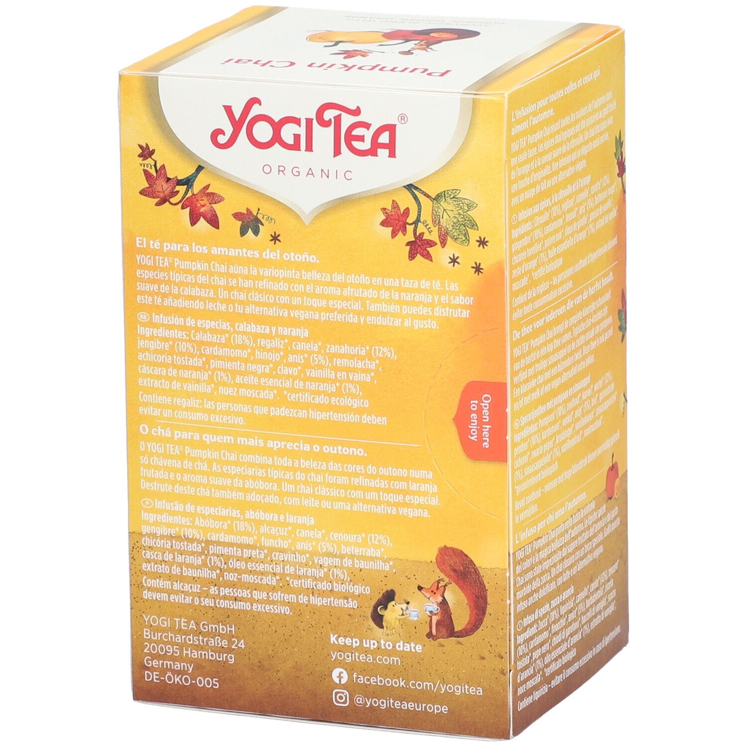 Gelbe Teebox, Rückseite mit Text. Enthält 17 Teebeutel. Aufschrift: Yogi Tea, Pumpkin Chai, Bio-Siegel.