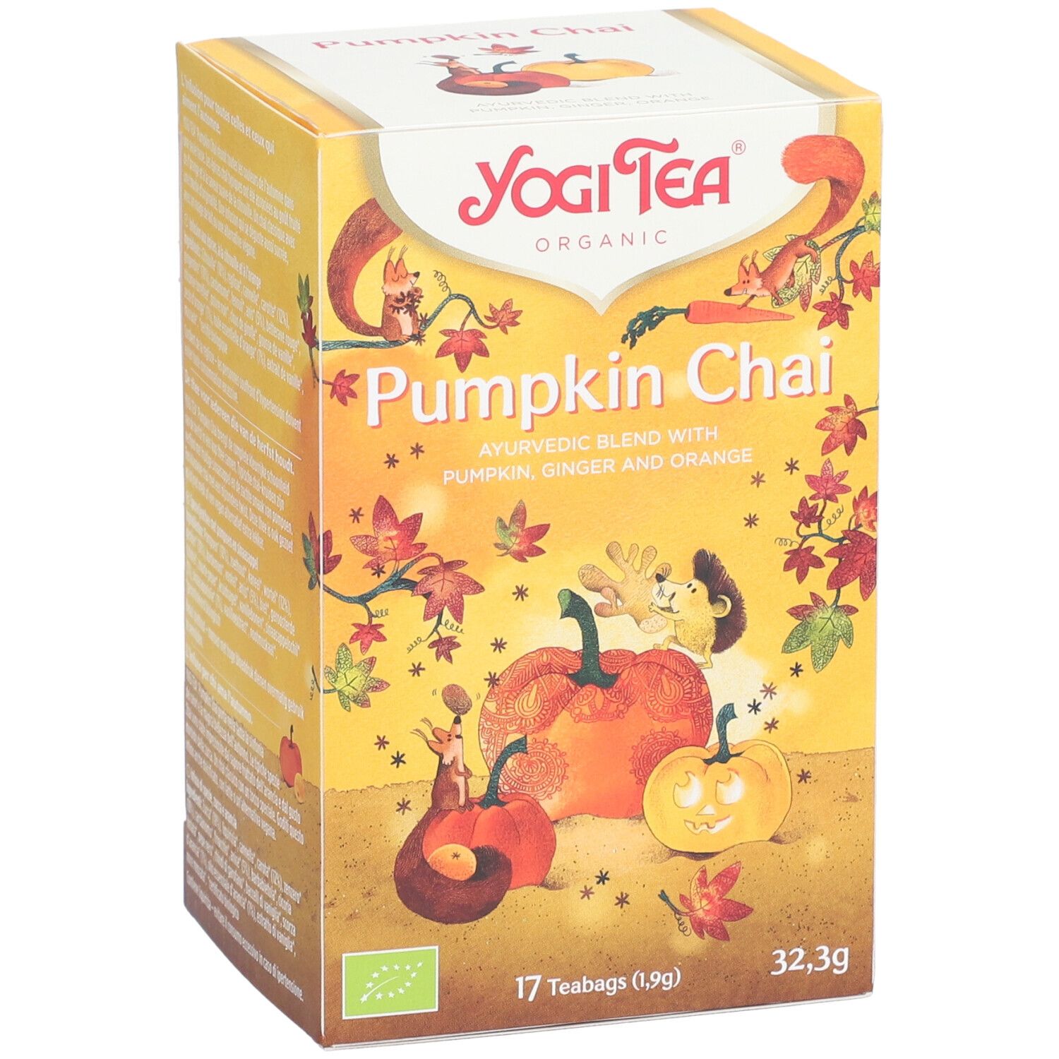 Gelbe Teebox mit Aufdruck. Enthält 17 Teebeutel. Aufschrift: Yogi Tea, Pumpkin Chai, Bio-Siegel.
