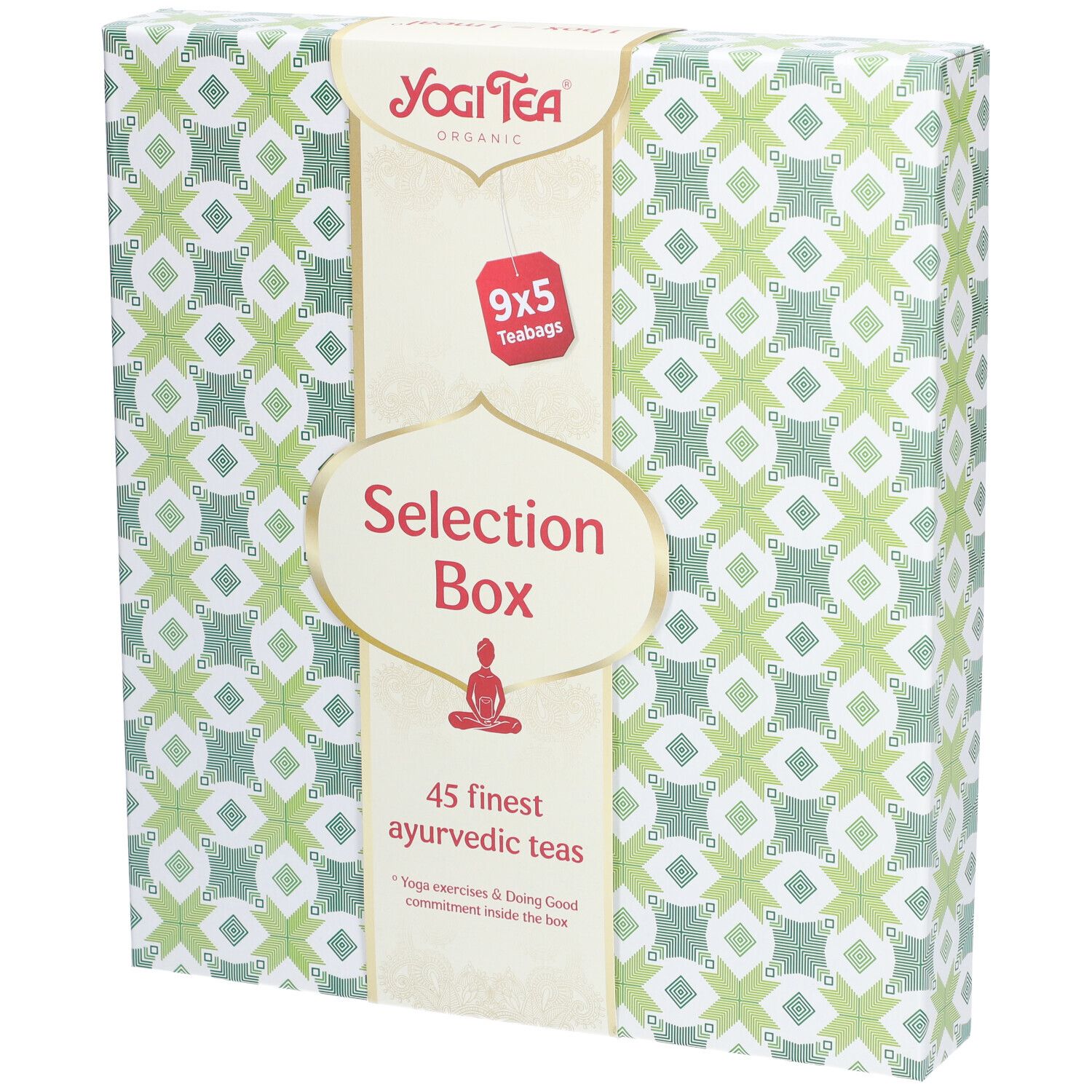 Yogi Tea® Selection Box. Groen-wit patroonverpakking. Opschrift: Selection Box, 9x5 theezakjes, 45 fijne ayurvedische theeën.