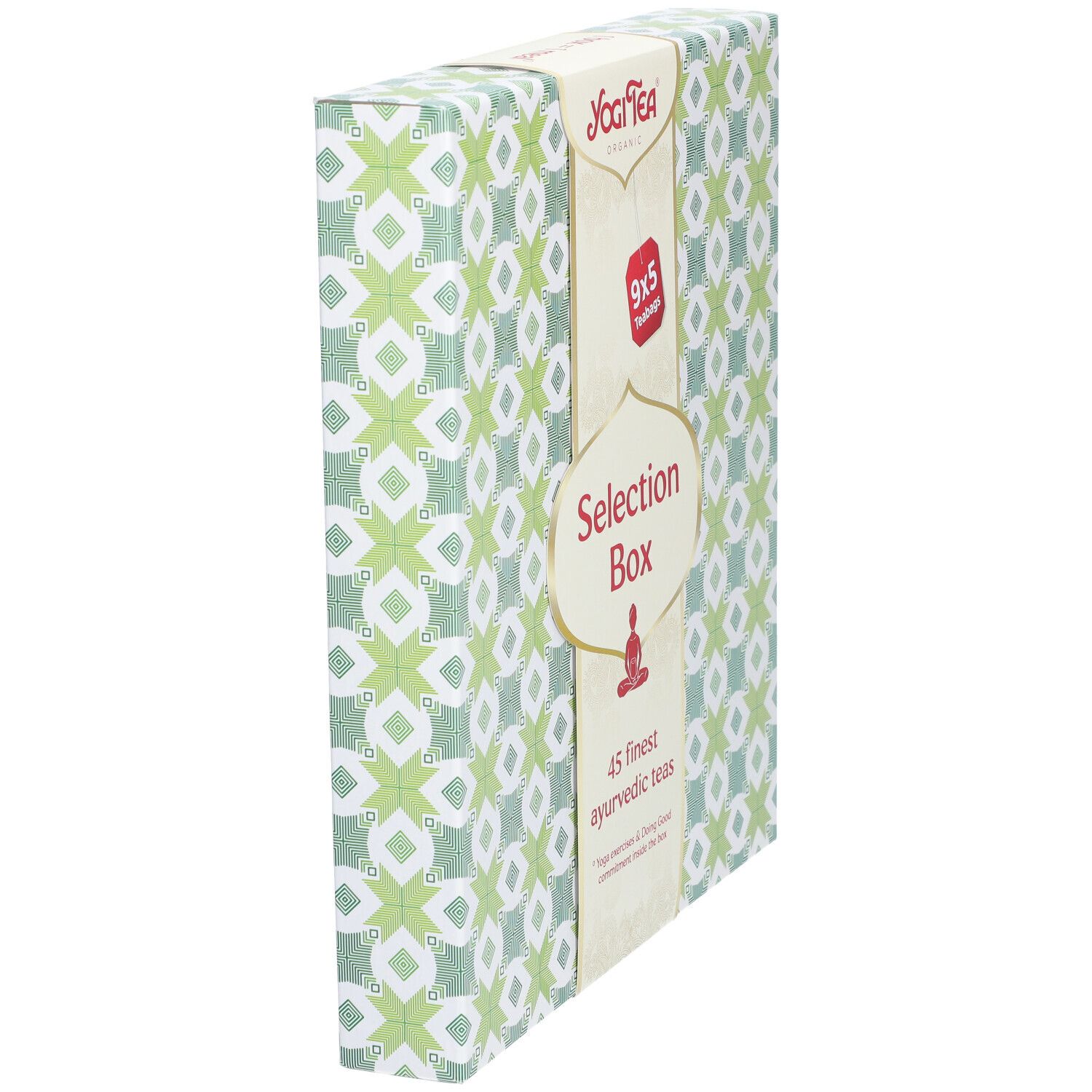 Yogi Tea® Selection Box. Zijaanzicht. Groen-wit patroonverpakking. Opschrift: Selection Box, 9x5 theezakjes, 45 fijne ayurvedische theeën.