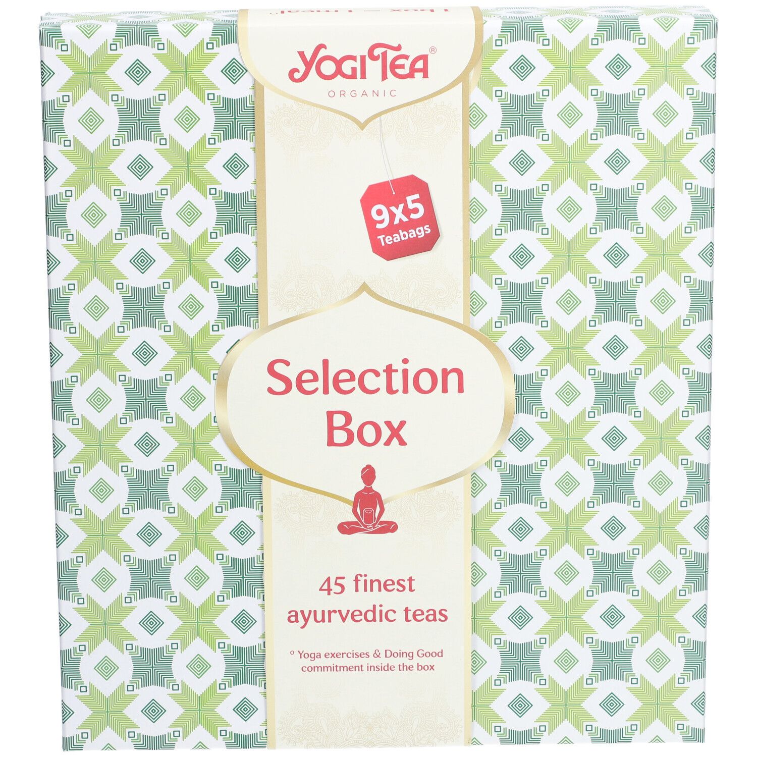 Yogi Tea® Selection Box. Groen-wit patroonverpakking. Opschrift: Selection Box, 9x5 theezakjes, 45 fijne ayurvedische theeën.