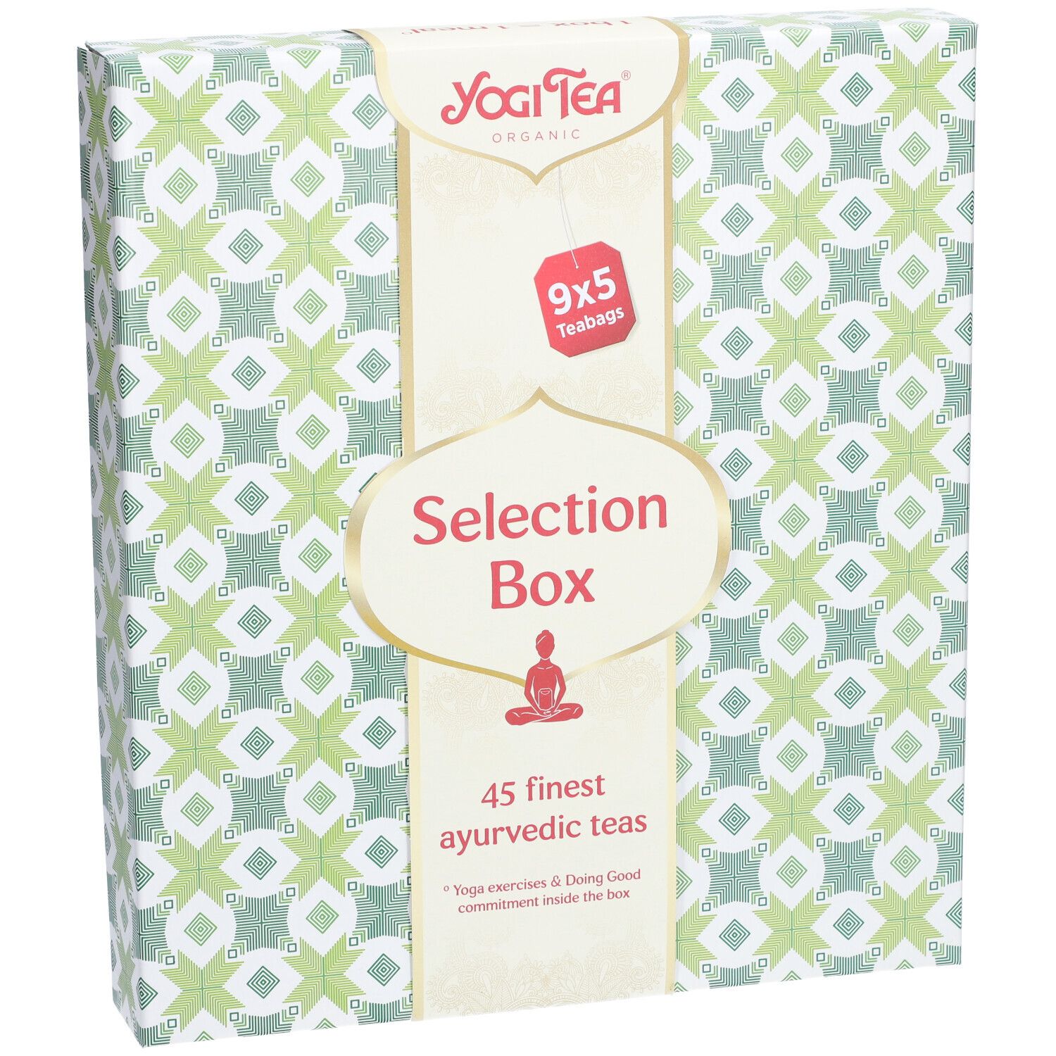 Yogi Tea® Selection Box. Groen-wit patroonverpakking. Opschrift: Selection Box, 9x5 theezakjes, 45 fijne ayurvedische theeën.