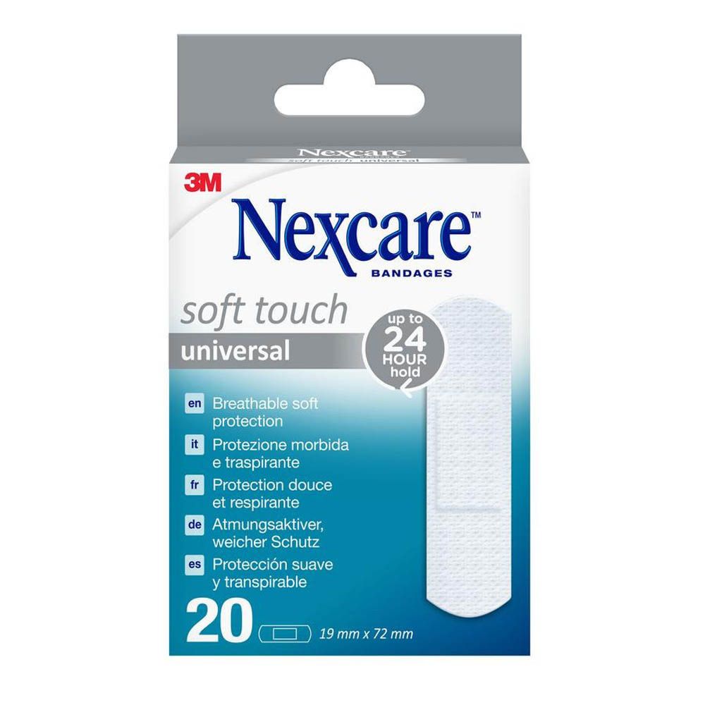 Boîte de pansements Nexcare Soft Touch Universal. 20 unités, 19 mm x 72 mm. Informations produit en plusieurs langues.